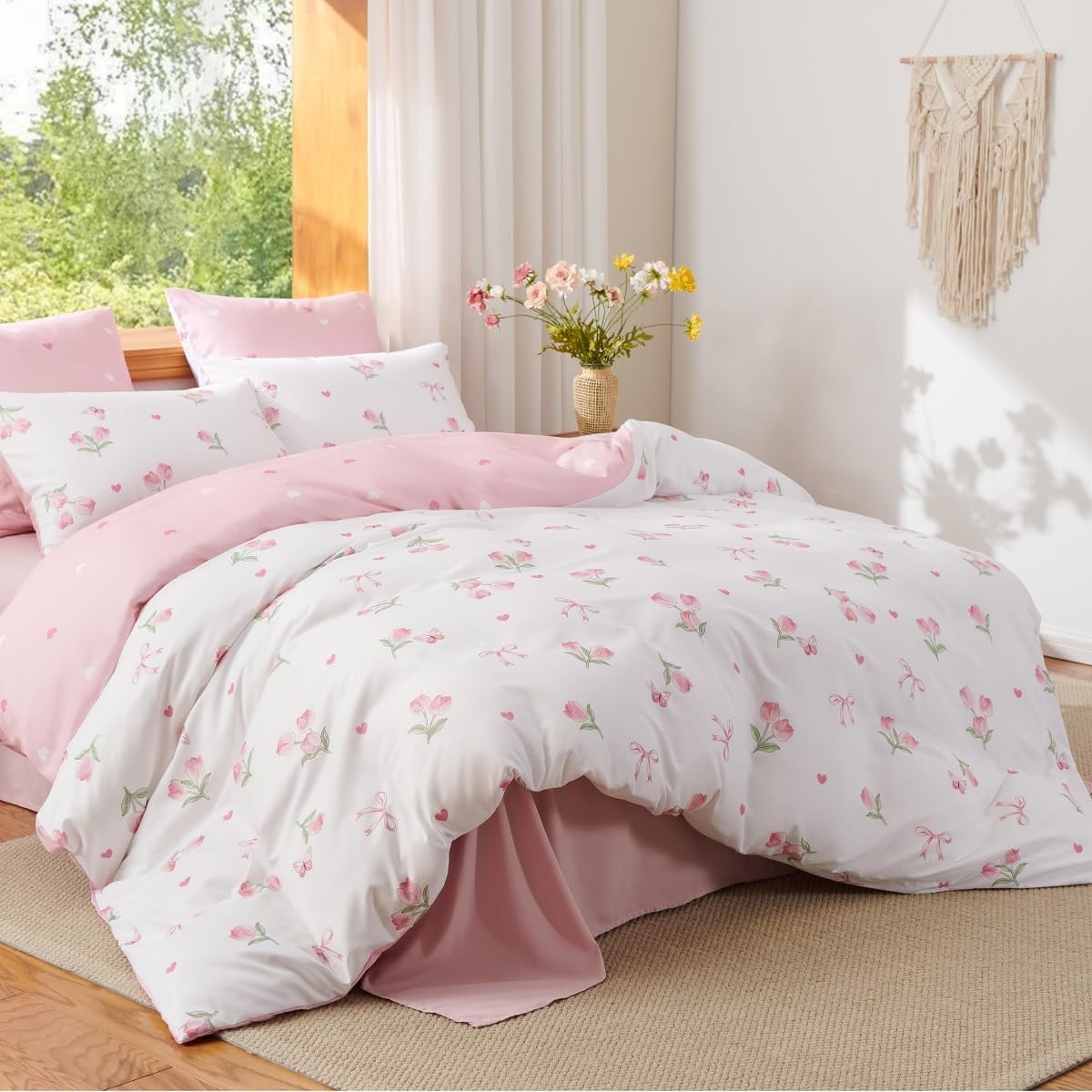 Heavyweight Warmth Pink Tulip Queen Comforter Set, 3-Piece Pink Flowers Reversible Soft Bedding Set or Adults All Season - Hypoallergenic Ultra-Fluffy Quilt for Winter Detail