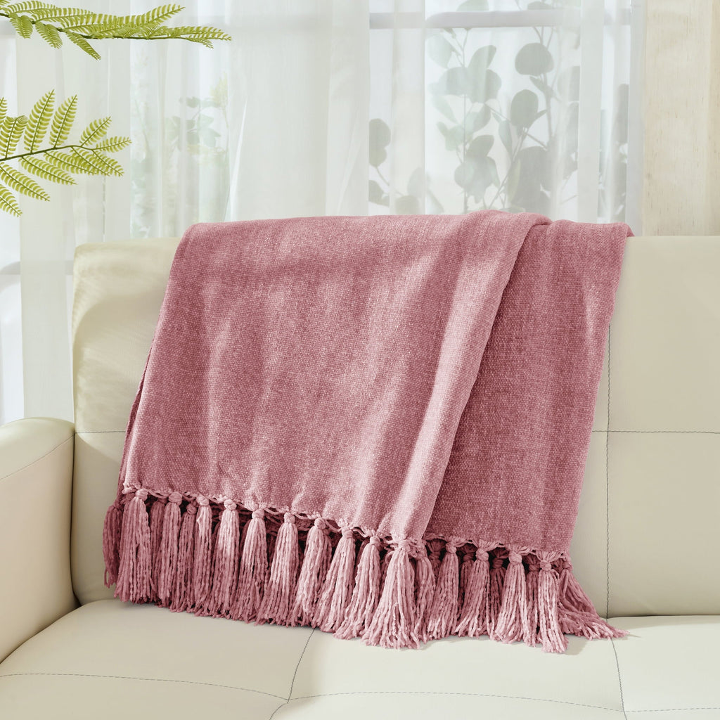 Decorative Knitted Chenille Throw Blanket with Fringe Tassel for Couch Sofa Chair Bed, Mauve 50" X 70" - Luxury Knitted Decorative Throw Blanket with Fringes Detail