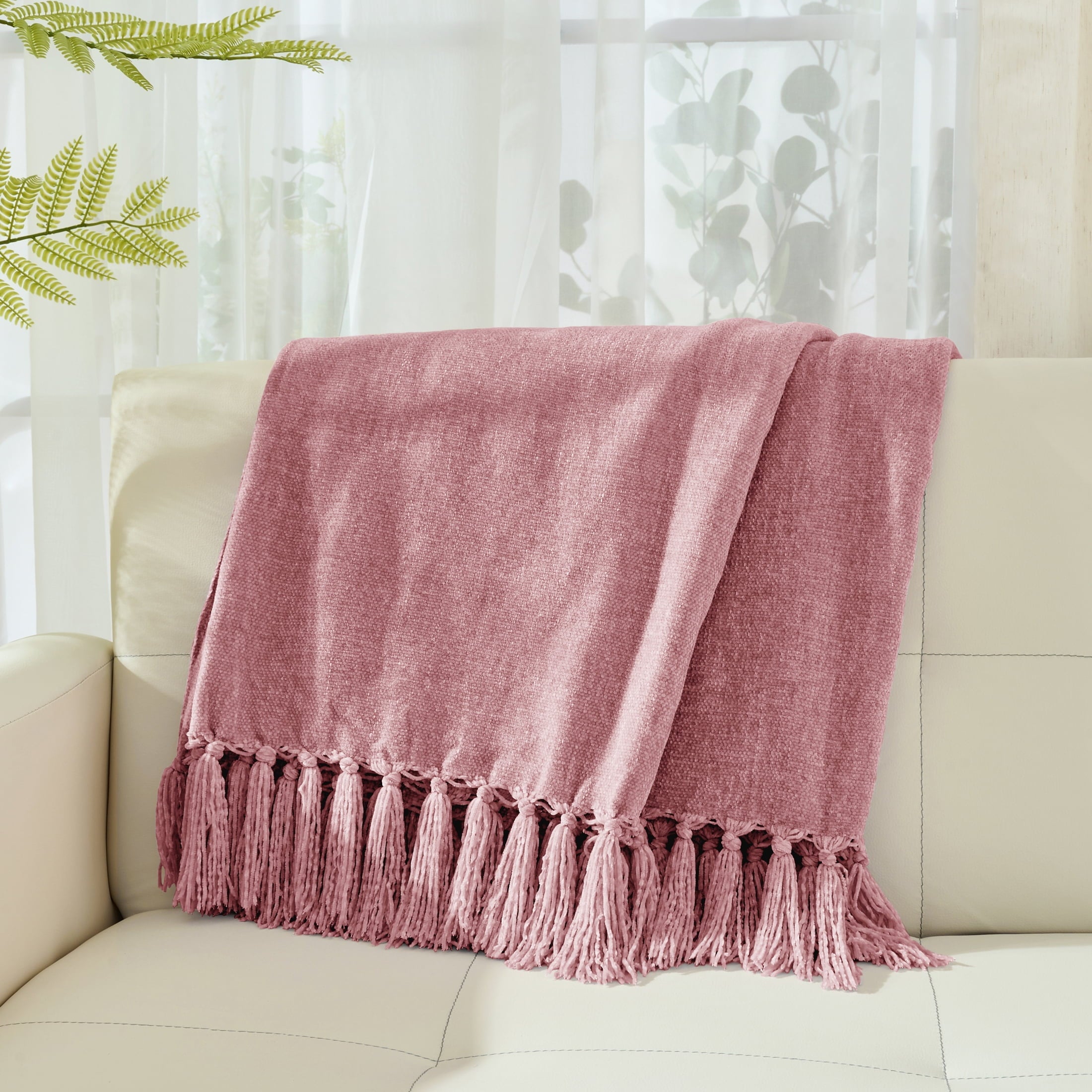 Decorative Knitted Chenille Throw Blanket with Fringe Tassel for Couch Sofa Chair Bed, Mauve 50" X 70" - Luxury Knitted Decorative Throw Blanket with Fringes Detail