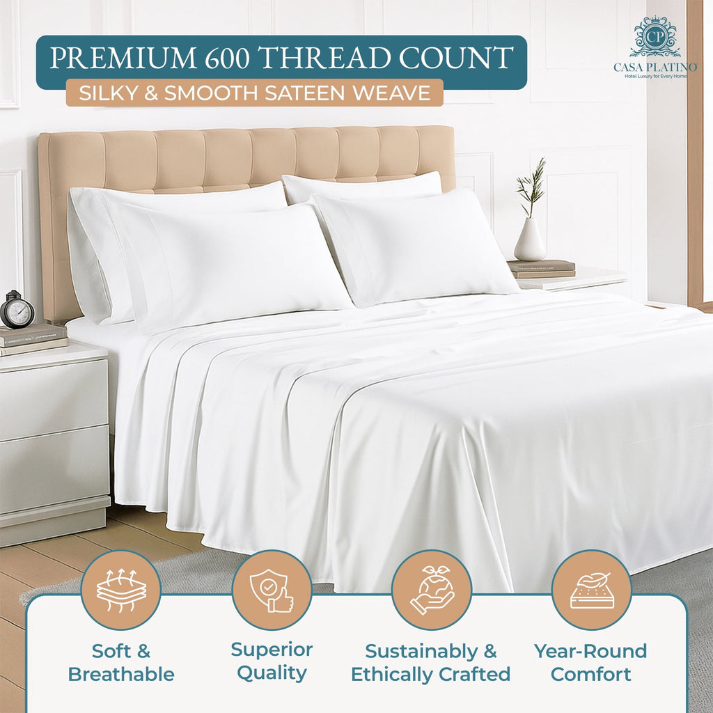 Premium Egyptian Cotton Bed Sheets Set – 6 Piece, 600 Thread Count, 100% Cotton Sheets, Hotel Luxury Sateen Finish, 15" Deep Pocket, Easy to ... - Premium Ultra-Soft Pillowcase Pair for Sleeping Detail
