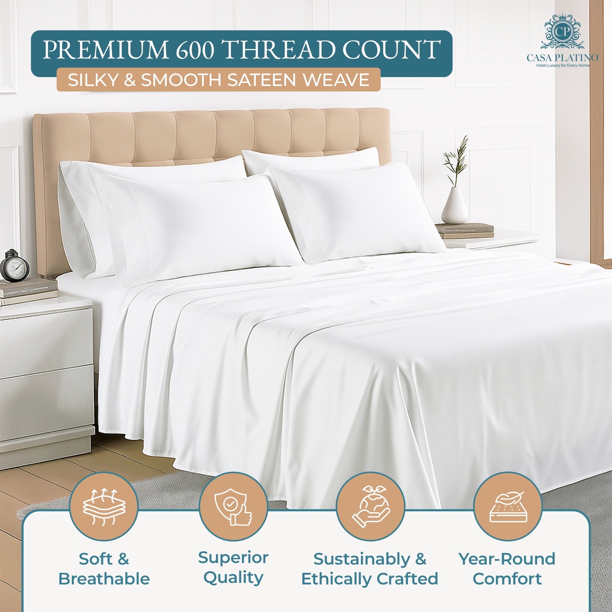 Premium Egyptian Cotton Bed Sheets Set – 6 Piece, 600 Thread Count, 100% Cotton Sheets, Hotel Luxury Sateen Finish, 15" Deep Pocket, Easy to ... - Premium Ultra-Soft Pillowcase Pair for Sleeping Detail
