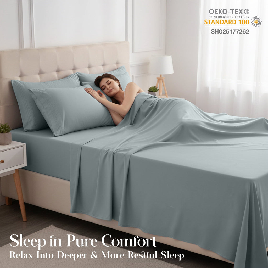 Cooling Sateen Bed Sheets - 6 Piece Ultra-Soft Microfiber Sheets Set, Deep Pocket Fitted Sheet, Flat Sheet & 4 Pillowcases, Breathab... - Cooling Hotel Quality Bedding Sheets and Pillowcases Detail