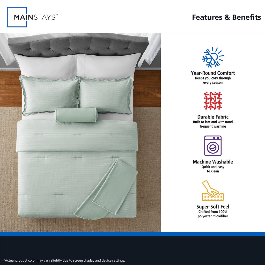 Fluffy Down Alternative Full/Queen Comforter Set, All-Season, 5-Piece, Sage Pick Stitch Scallop - Hypoallergenic Ultra-Fluffy Quilt for Winter Detail
