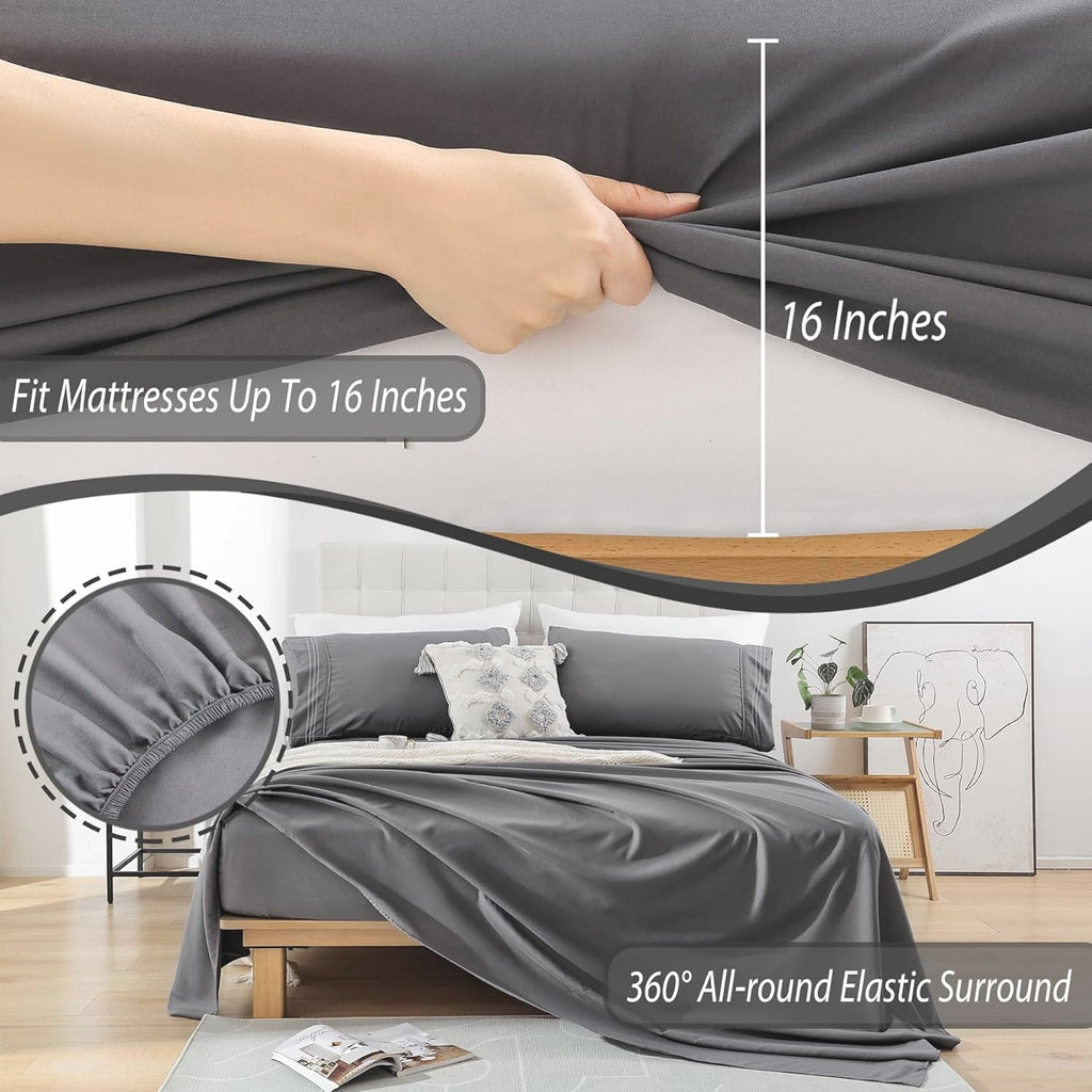 Cooling Sateen Size, Microfiber Cooling , Breathable & Hypoallergenic 4 Pieces Luxury Soft Sheet Set, Mattress Fitted up... - Cooling Hotel Quality Bedding Sheets and Pillowcases Detail