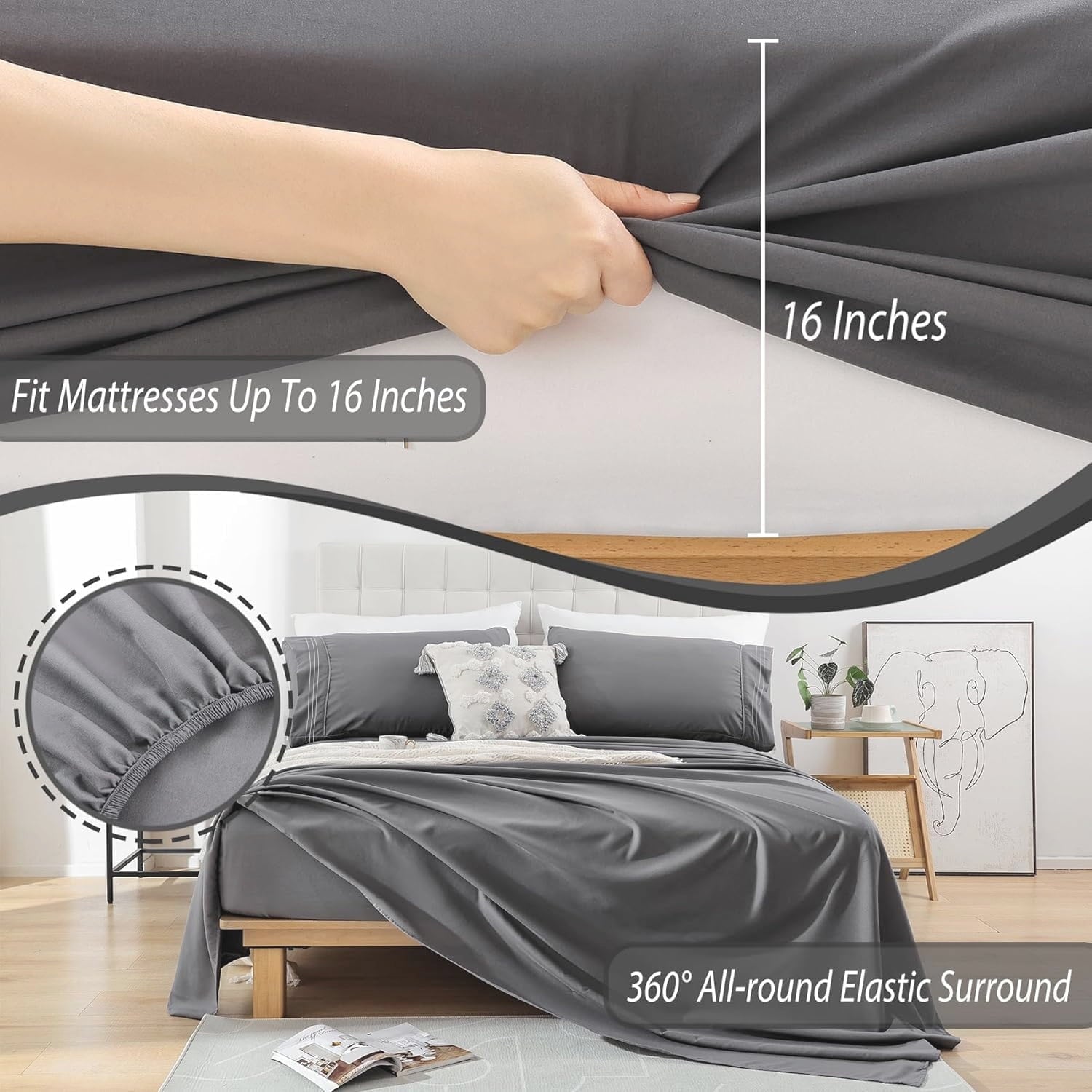 Cooling Sateen Size, Microfiber Cooling , Breathable & Hypoallergenic 4 Pieces Luxury Soft Sheet Set, Mattress Fitted up... - Cooling Hotel Quality Bedding Sheets and Pillowcases Detail