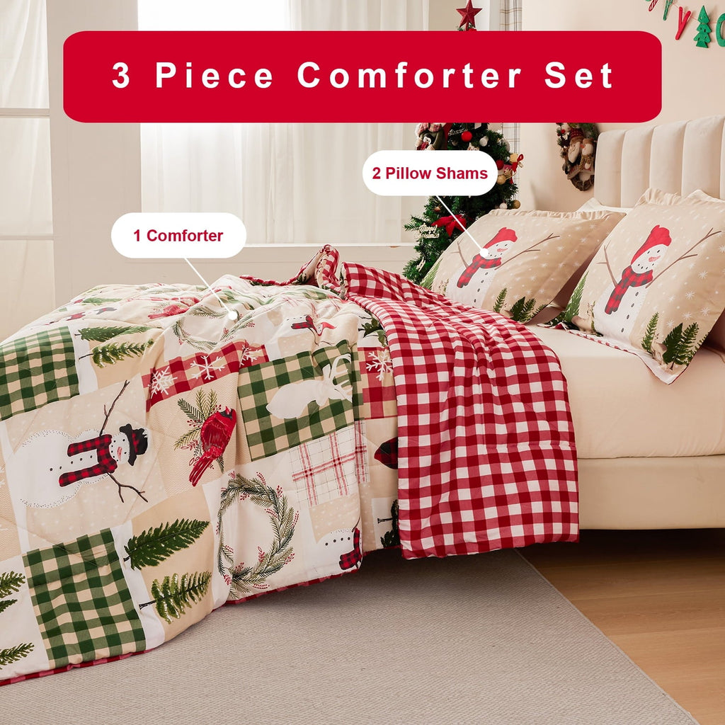 All-Season 3 Pcs Christmas Comforter Set, Bed in a Bag Wreath Snowman Queen/Full Size Xmas Bedding Set Fitted Pillowcases for Adult - Luxurious Quilted Duvet Cover Set Detail