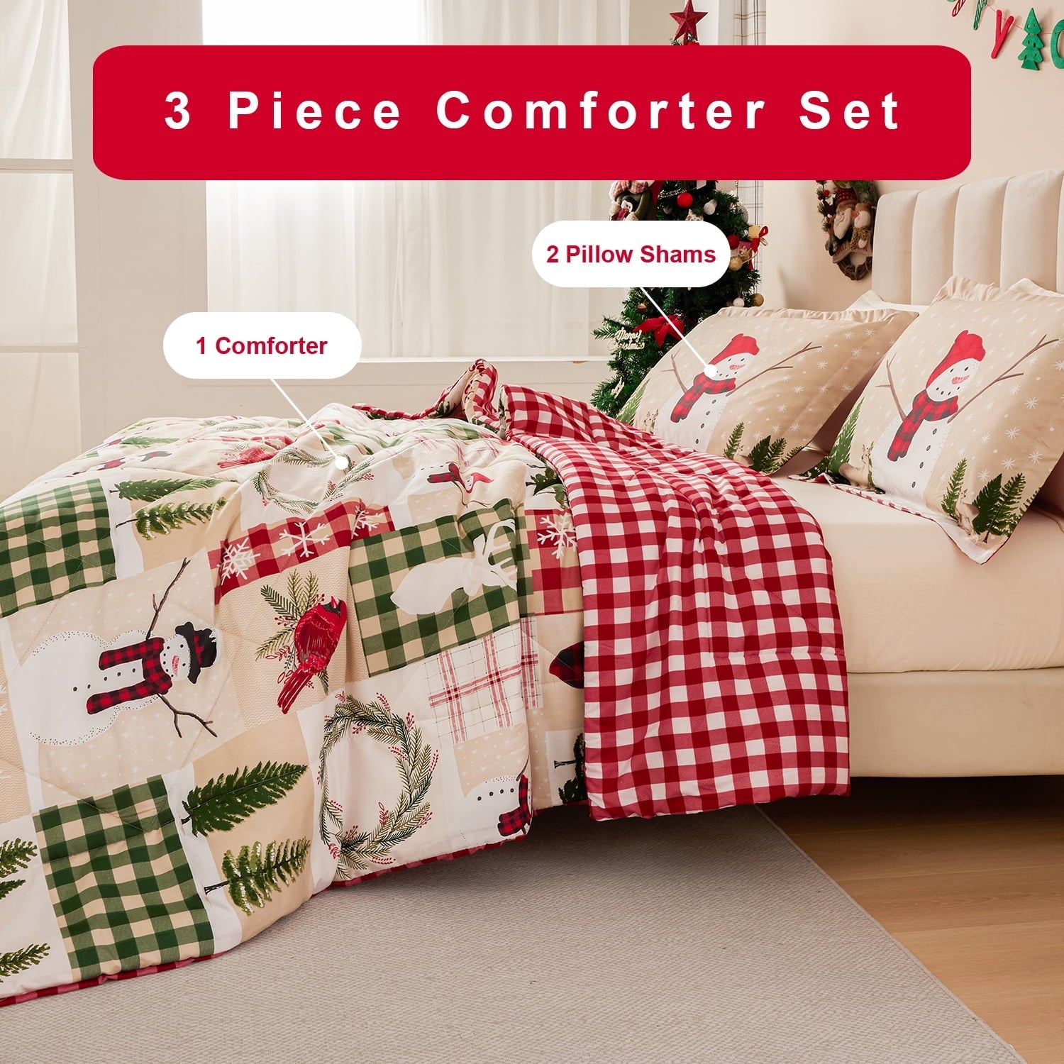 All-Season 3 Pcs Christmas Comforter Set, Bed in a Bag Wreath Snowman Queen/Full Size Xmas Bedding Set Fitted Pillowcases for Adult - Luxurious Quilted Duvet Cover Set Detail