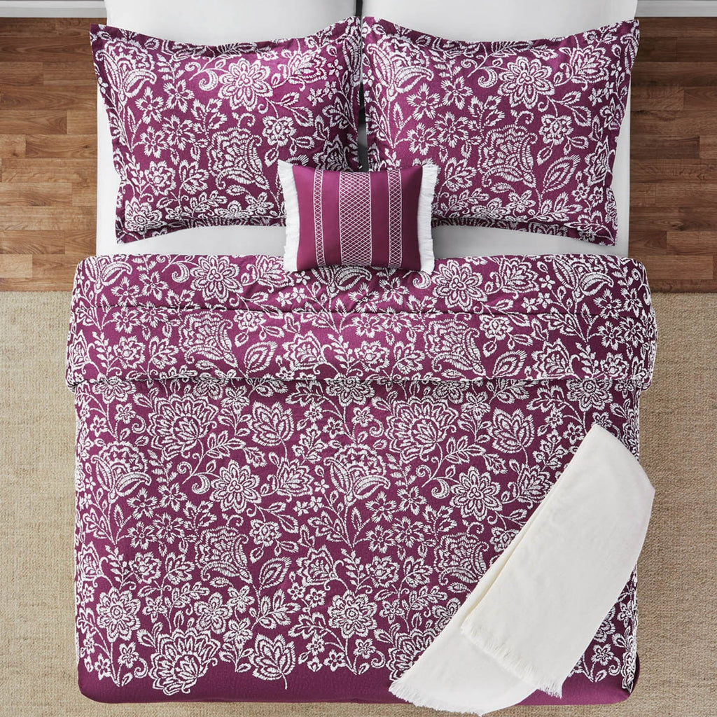 Fluffy Down Alternative 5-Piece Jacquard Comforter Set with Decor Pillow and Throw Purple Flocking Embroidery Bedding Set, Full/Queen - Hypoallergenic Ultra-Fluffy Quilt for Winter Detail