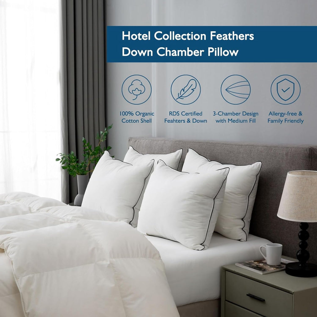 Hotel Collection Hypoallergenic 3‑Chamber Goose Feather Down Core Bed Pillows, Standard Size Set of 2, With Microfiber Surround, Soft-... - Orthopedic Shredded Foam Bed Pillow Set Detail