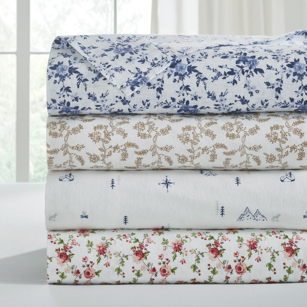Ultra-Soft 3-Piece Brittany Printed Cotton Flannel Adult Bed Sheet Set, Twin - Breathable Egyptian Cotton Flat & Fitted Sheets Detail