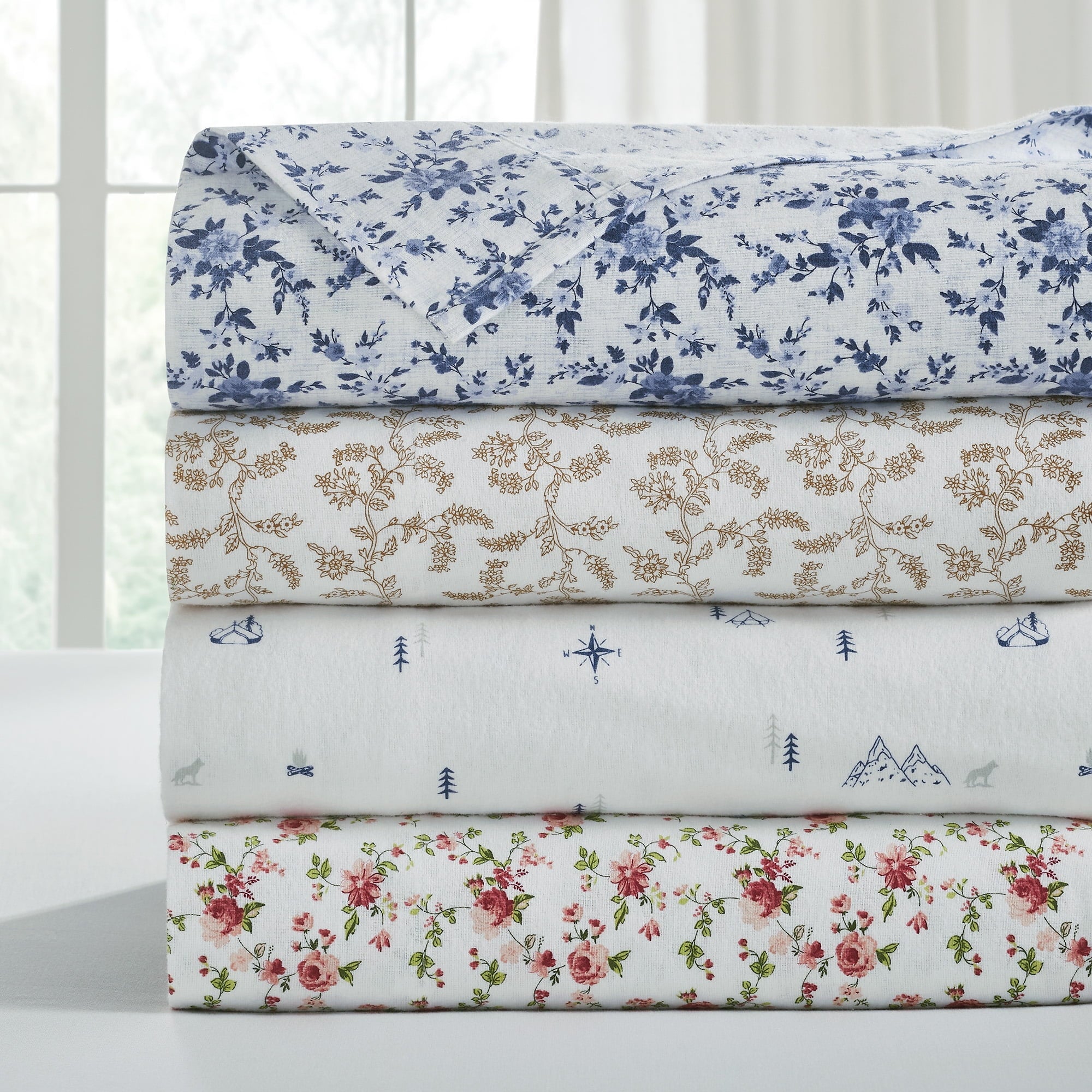 Ultra-Soft 3-Piece Brittany Printed Cotton Flannel Adult Bed Sheet Set, Twin - Breathable Egyptian Cotton Flat & Fitted Sheets Detail