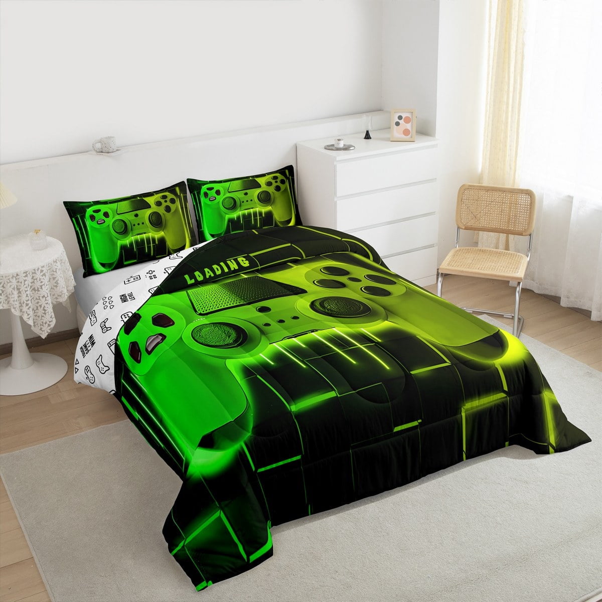 Fluffy Down Alternative Green Yellow Gaming Full Size Comforter Sets - Gamer Comforter Full Size Bedding Set, Neon Lights Abstract Geometry D... - Luxurious Quilted Duvet Cover Set Detail