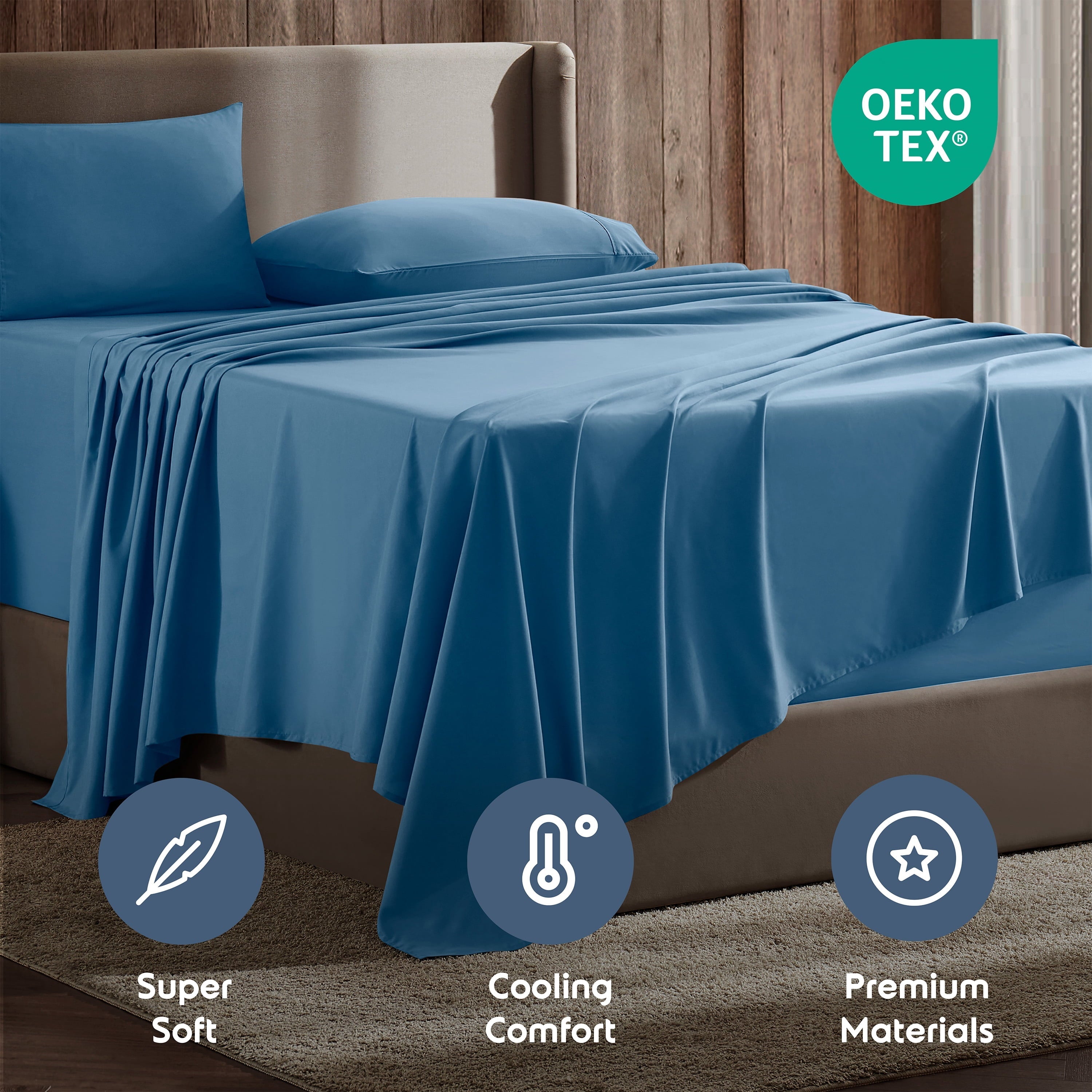 Breathable Luxury Split King Sheet Sets, Deep Pocket 5 Piece, Luxury Soft Microfiber Bed Sheet Sets, BLUE HEAVEN - Breathable Egyptian Cotton Flat & Fitted Sheets Detail
