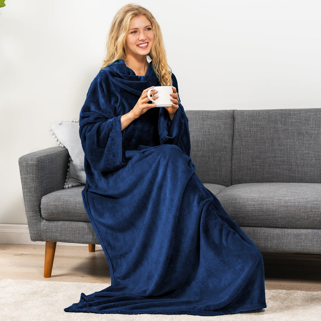Cozy Fleece Navy Blue Fleece Wearable Blanket with Sleeves for Adults Women Men, Soft Warm Full Body Wrap Throw, Sweatshirt Pocke... - Luxury Knitted Decorative Throw Blanket with Fringes Detail