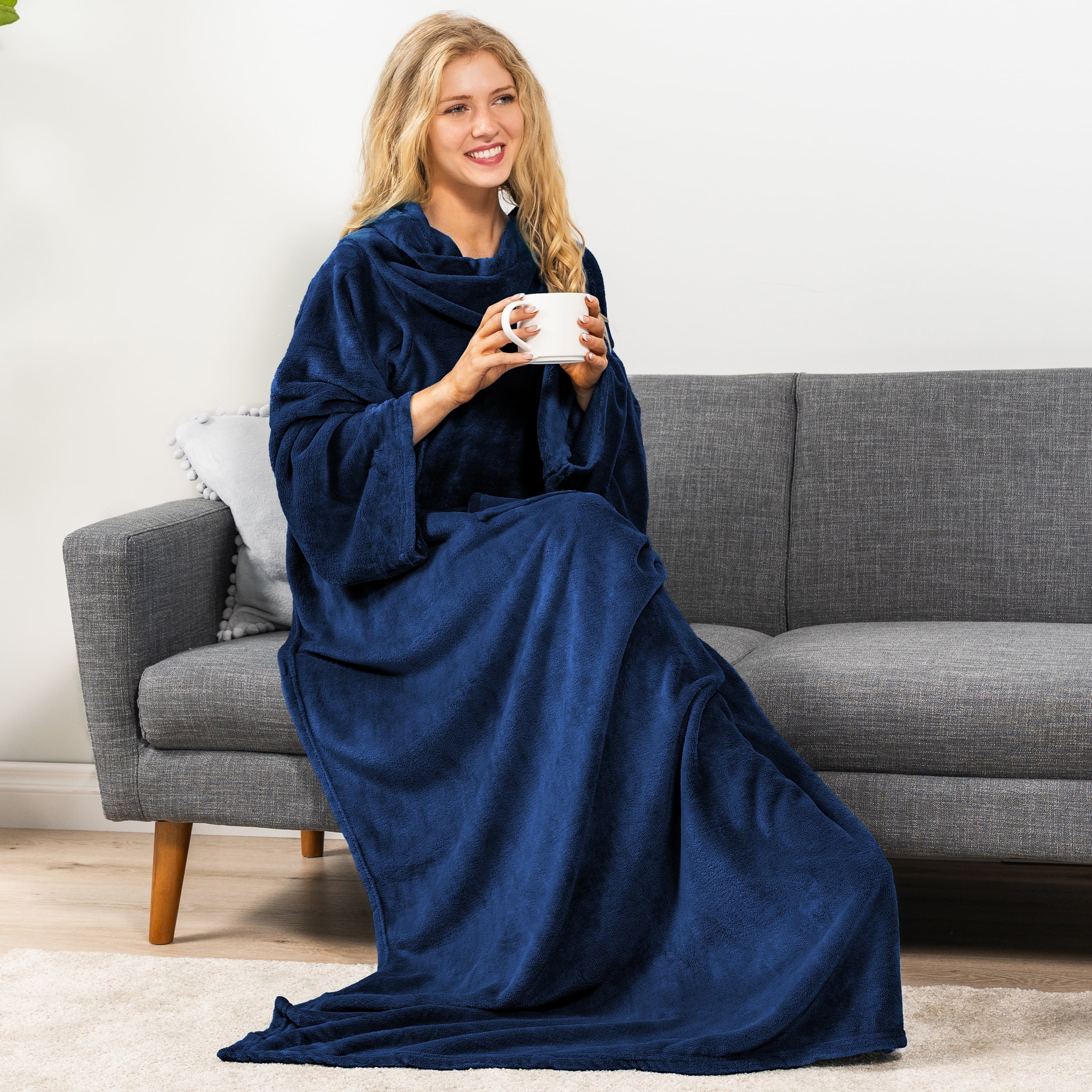 Cozy Fleece Navy Blue Fleece Wearable Blanket with Sleeves for Adults Women Men, Soft Warm Full Body Wrap Throw, Sweatshirt Pocke... - Luxury Knitted Decorative Throw Blanket with Fringes Detail
