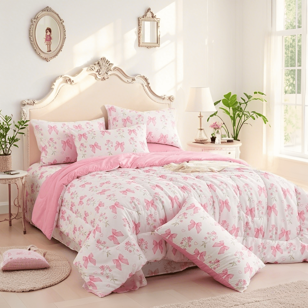 Fluffy Down Alternative Pink Bowknot Girls Comforter Set Twin Size, 3 Pieces Bows Princess Style Bedding Set for Girls for All Season - Hypoallergenic Ultra-Fluffy Quilt for Winter Detail