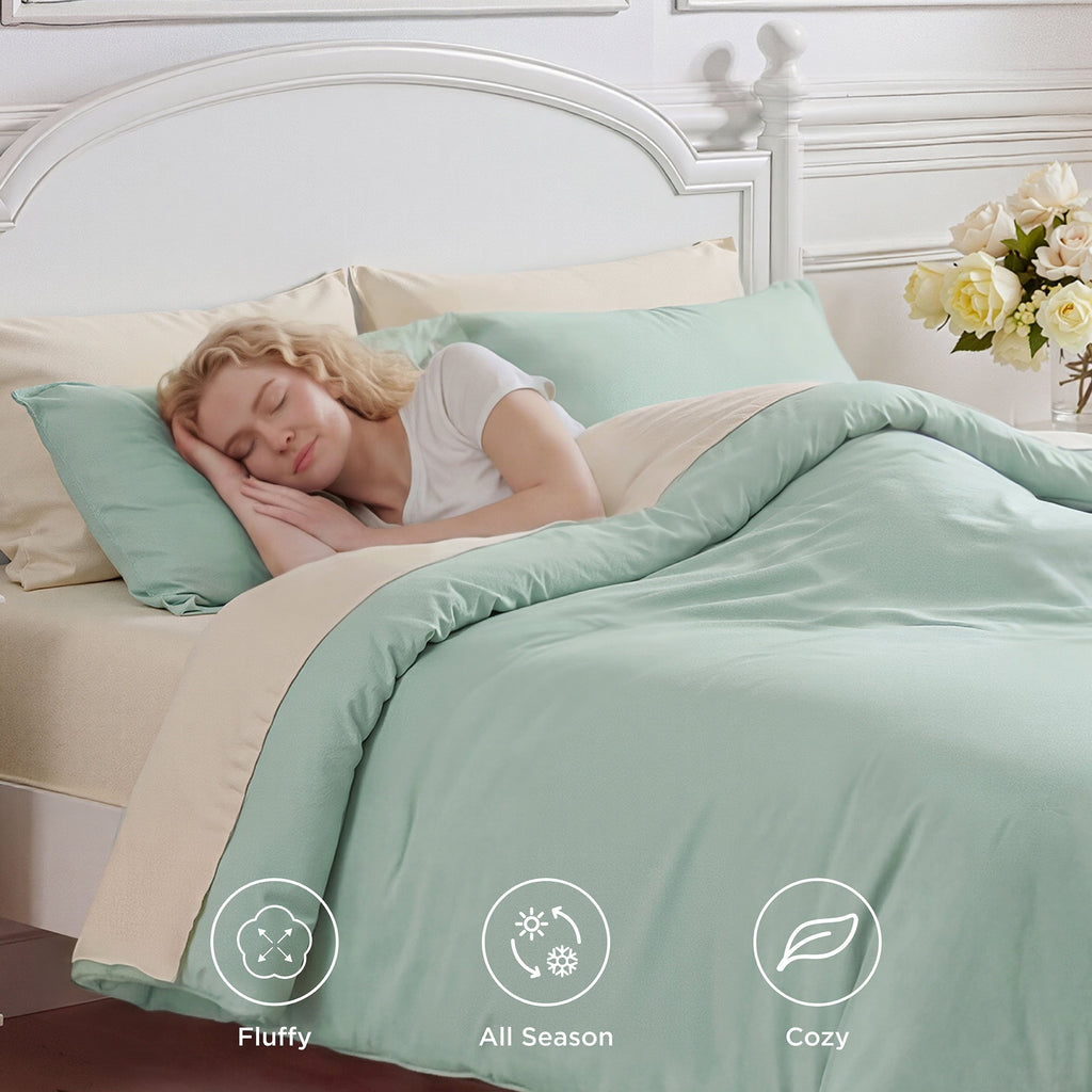 All-Season Queen Comforter Set Sage Green, 7 Pieces Lightweight Queen Bedding Sets, Contrasting Design - All-Season Down Alternative Comforter Insert Detail