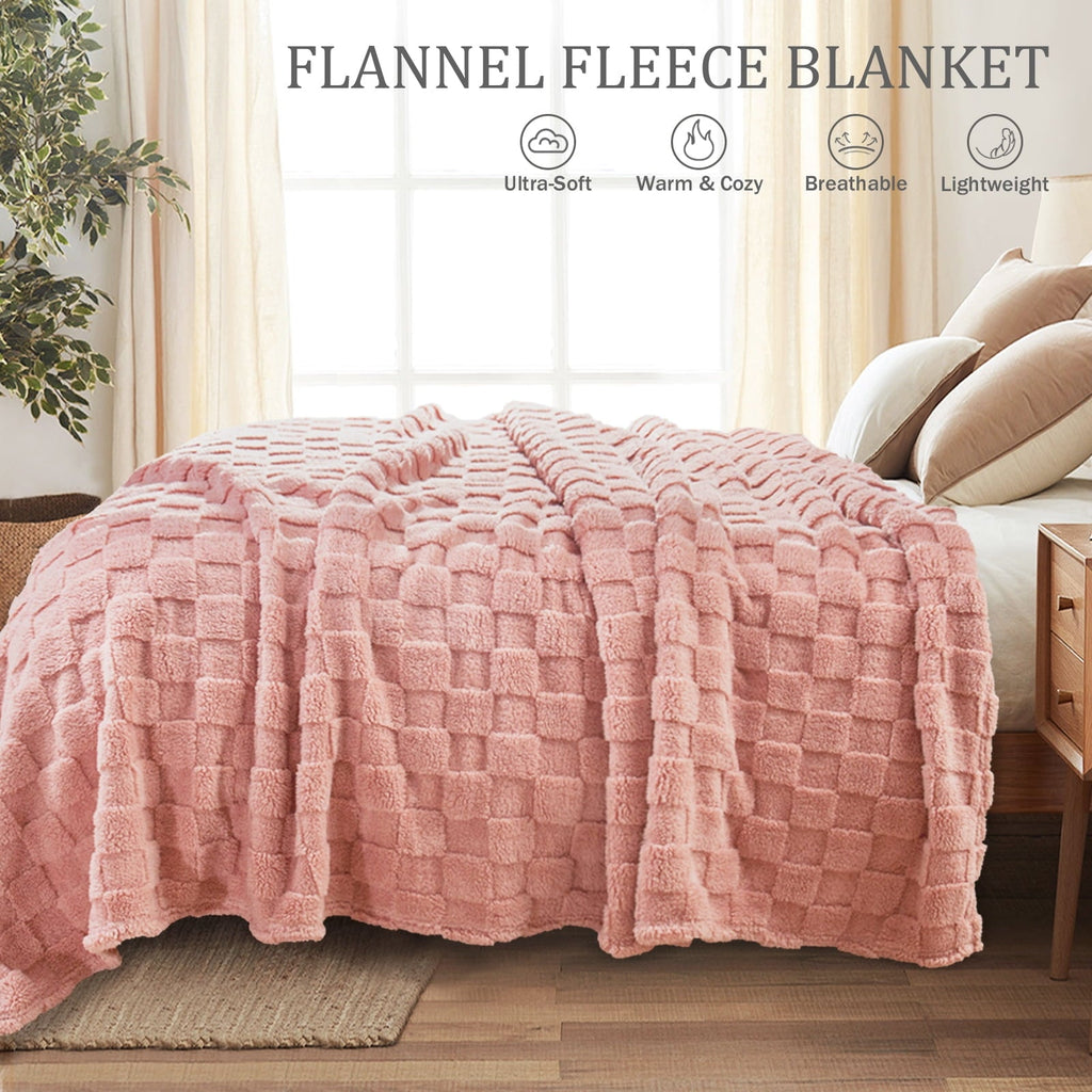 Decorative Knitted Fleece Throw Blanket for Couch, Super Soft Warm Lightweight Checkered Pattern Blanket for All Seasons, Pink, 50"x60" - Cozy Fleece Throw Blanket for Couch & Bed Detail