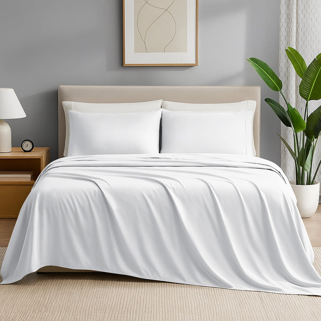 Wrinkle-Resistant IR 3 Piece 1800 Series Deep Pocket Soft Microfiber Solid Bed Sheet Set for Kids, White Twin Size - Breathable Egyptian Cotton Flat & Fitted Sheets Detail