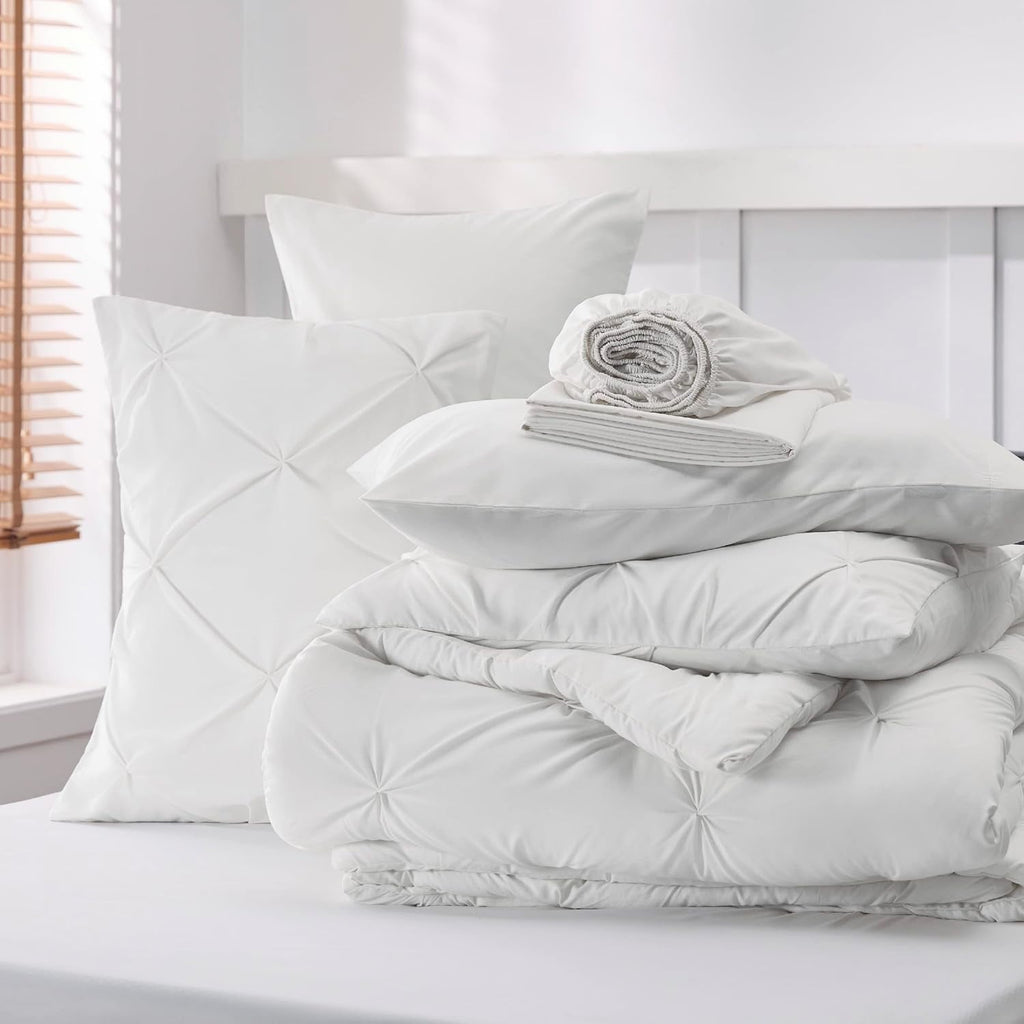 Luxurious Quilted White Queen Comforter Set- 7 Pieces Pintuck Bedding Set with Comforters, Sheets, Pillowcases & Shams - Hypoallergenic Ultra-Fluffy Quilt for Winter Detail