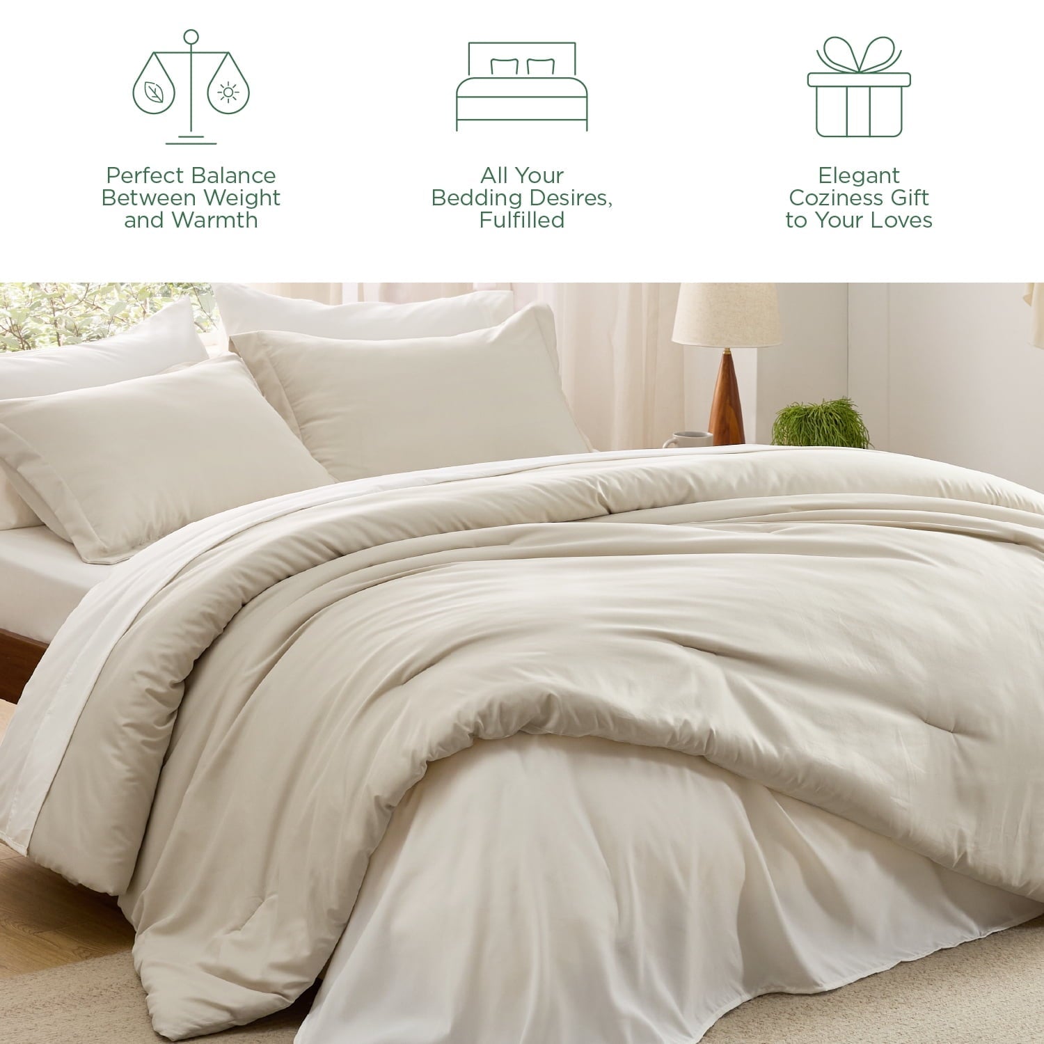 All-Season Twin Comforter Set Beige, 5 Pieces Lightweight Twin Bedding Sets Boho with Comforter, Sheet, Pillowcase & Sham - All-Season Down Alternative Comforter Insert Detail