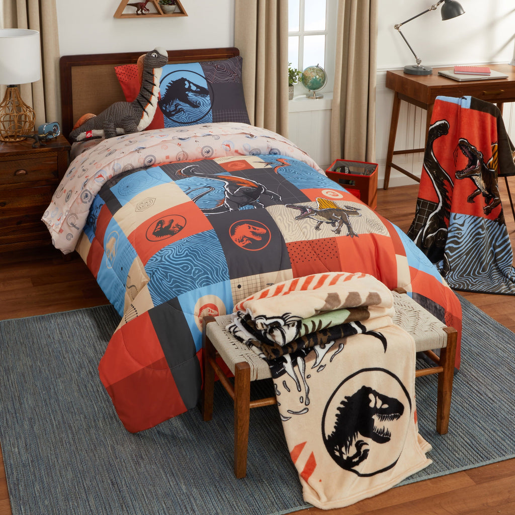 Heavyweight Warmth Kids 2 Piece Blue Orange Reversible Dinosaur Comforter and Pillowcase set, Twin/full - Hypoallergenic Ultra-Fluffy Quilt for Winter Detail