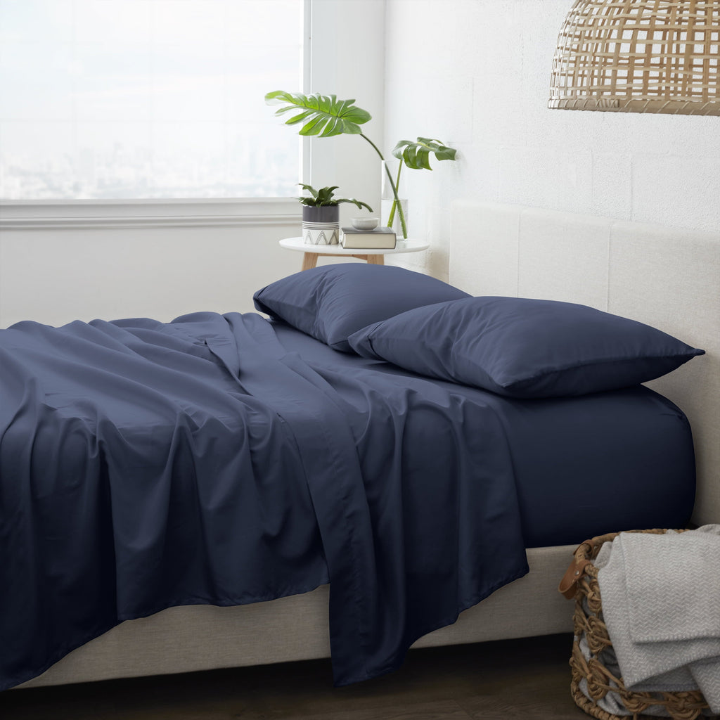 Cooling Sateen 4 Piece Solid Microfiber Bed Sheet Set, Navy, Queen - Breathable Egyptian Cotton Flat & Fitted Sheets Detail