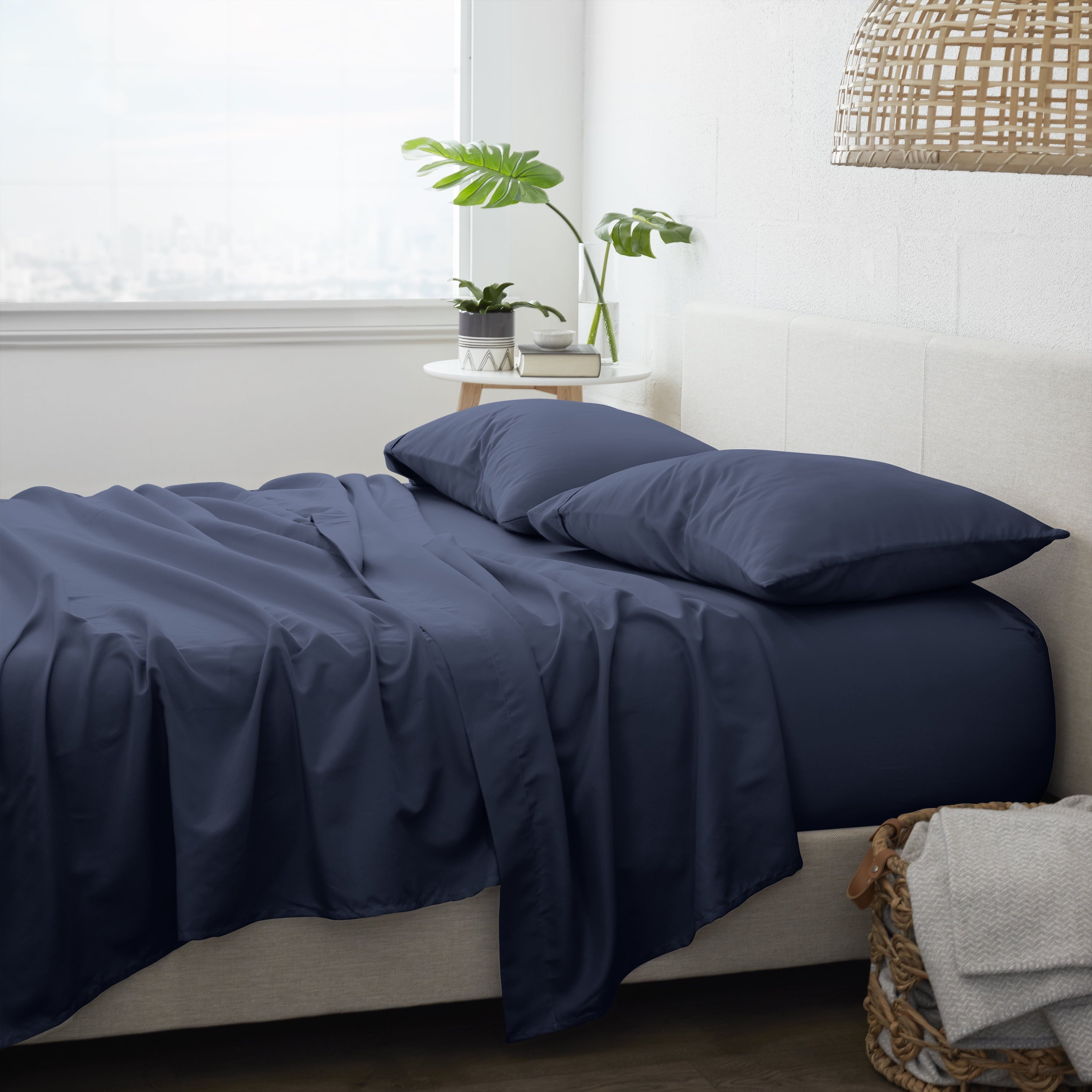 Cooling Sateen 4 Piece Solid Microfiber Bed Sheet Set, Navy, Queen - Breathable Egyptian Cotton Flat & Fitted Sheets Detail