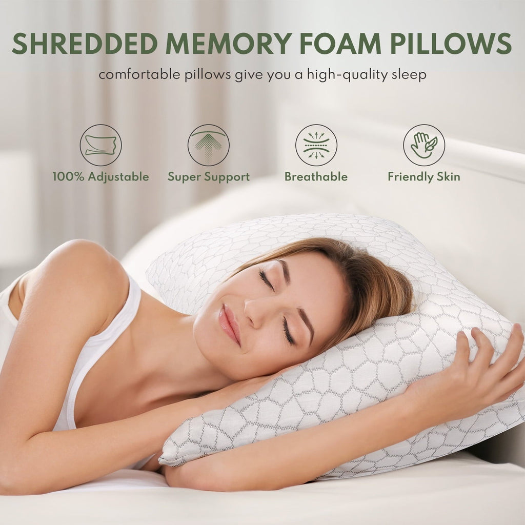 Orthopedic Support Queen Size Bed Pillows 4-Pack,3.3lb Shredded Memory Foam Filled,Hyper Soft & 3D Breathable Cooling Desigh Cover Fitti... - Orthopedic Shredded Foam Bed Pillow Set Detail
