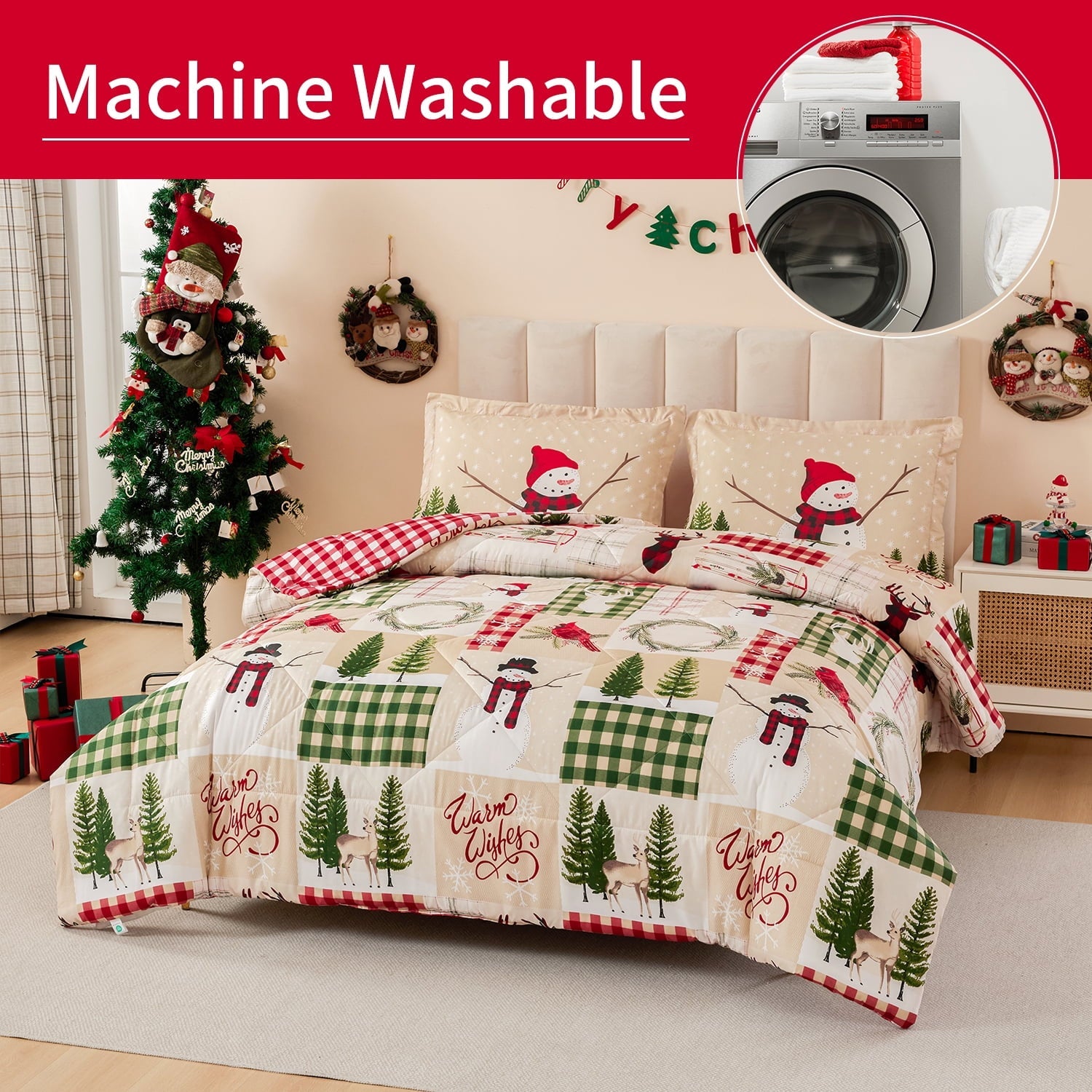 All-Season 3 Pcs Christmas Comforter Set, Bed in a Bag Wreath Snowman Queen/Full Size Xmas Bedding Set Fitted Pillowcases for Adult - Luxurious Quilted Duvet Cover Set Detail