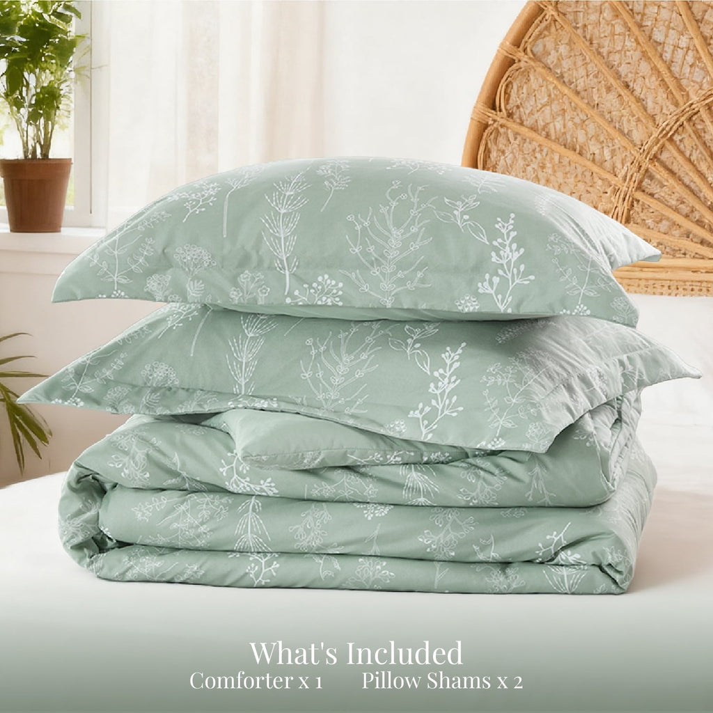 Luxurious Quilted 3 Pieces Sage Green Floral Comforter Sets, 1 Botanical Flowers Reversible Comforter and 2 Pillow Shams, Queen Size Be... - Cloud-Like Soft Lightweight Bed Comforter Detail