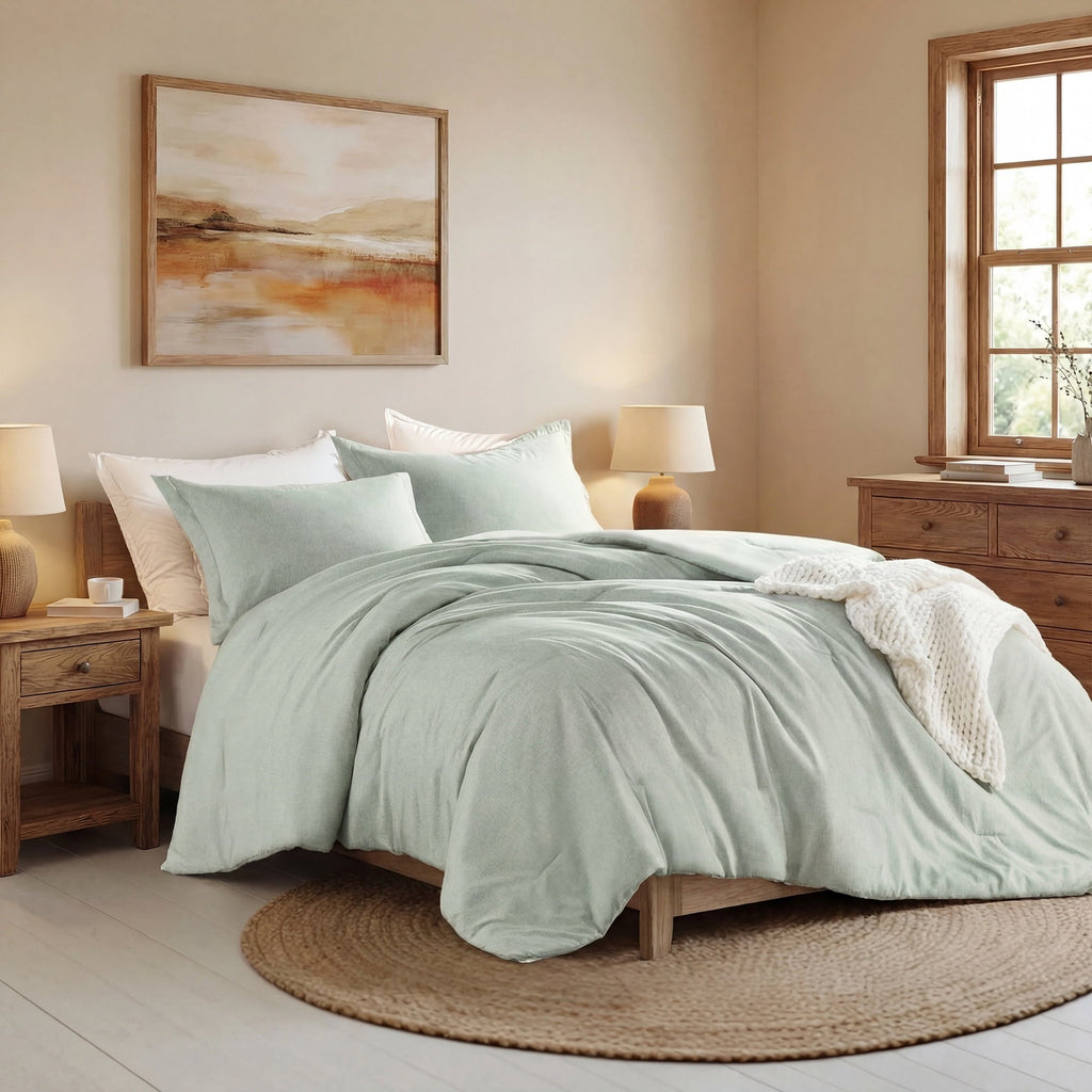 All-Season Full/Queen Comforter Sets, Reversible 3 Piece Extra Soft Bedding Set, Chambray Print Sage Green Comforter Bed Set wit... - Luxurious Quilted Duvet Cover Set Detail