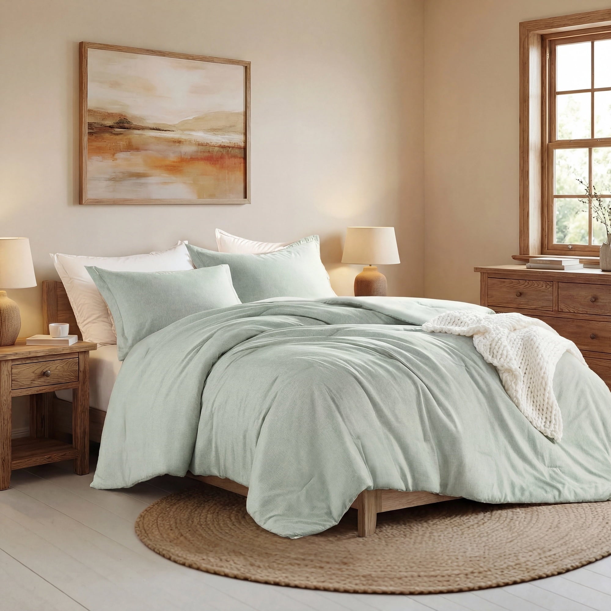 All-Season Full/Queen Comforter Sets, Reversible 3 Piece Extra Soft Bedding Set, Chambray Print Sage Green Comforter Bed Set wit... - Luxurious Quilted Duvet Cover Set Detail