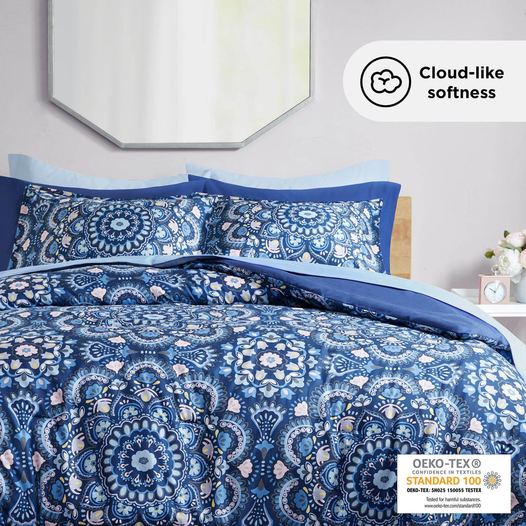 All-Season Queen Size Comforter Set, 9-Piece Bed in a Bag Queen, Navy Blue Bedding Comforter Set with Comforter, Flat Sheets, Fi... - All-Season Down Alternative Comforter Insert Detail