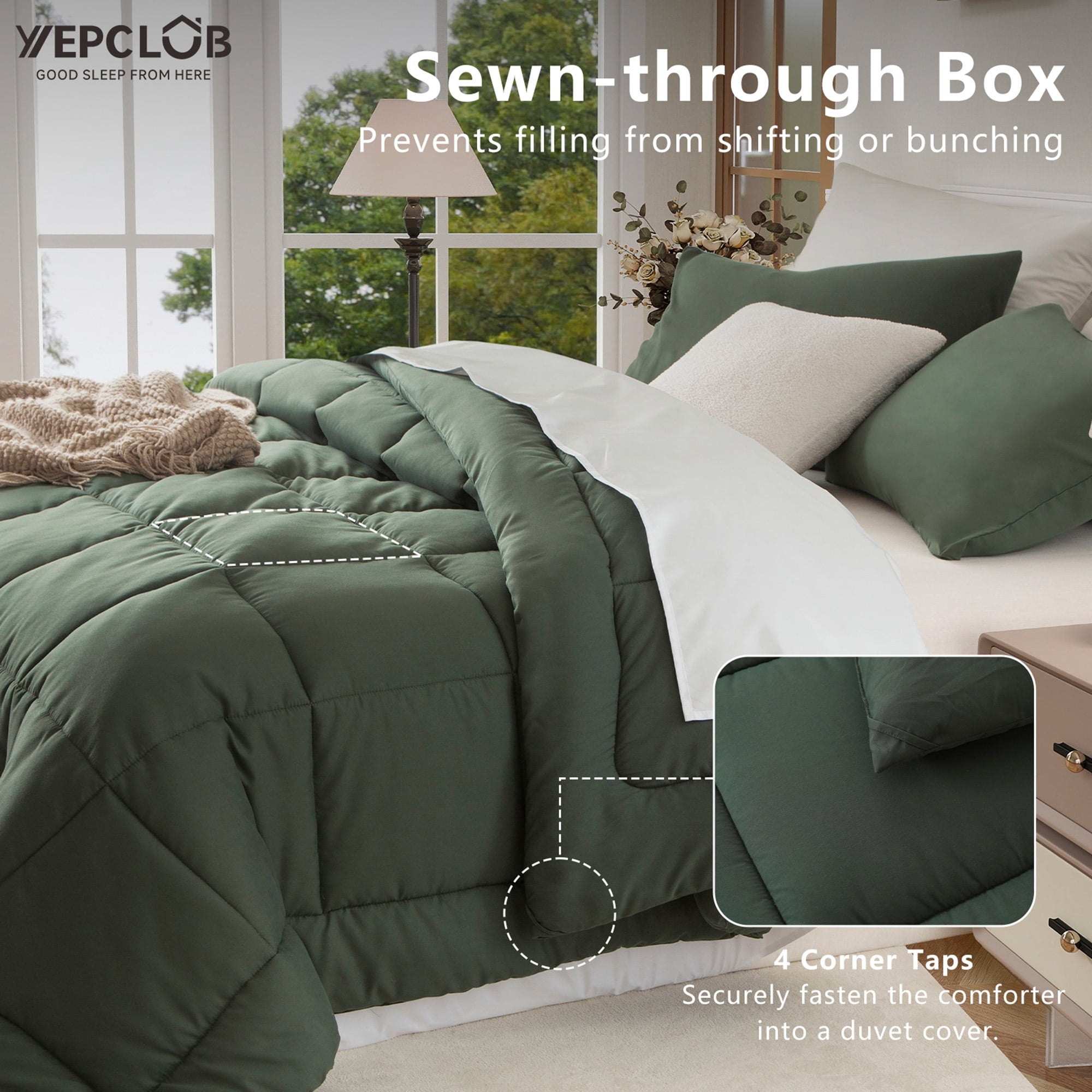 Hypoallergenic Cloud 3-Piece Twin Size Comforter Set, Green Down Alternative Reversible Bedding Set, All-Season Quilted Soft Comforter wit... - All-Season Down Alternative Comforter Insert Detail