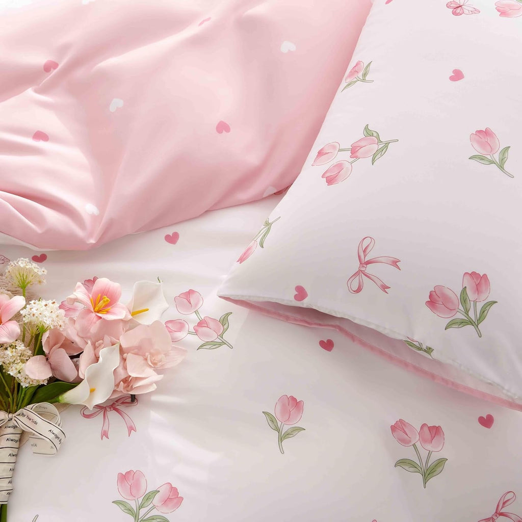 Heavyweight Warmth Pink Tulip Queen Comforter Set, 3-Piece Pink Flowers Reversible Soft Bedding Set or Adults All Season - Hypoallergenic Ultra-Fluffy Quilt for Winter Detail