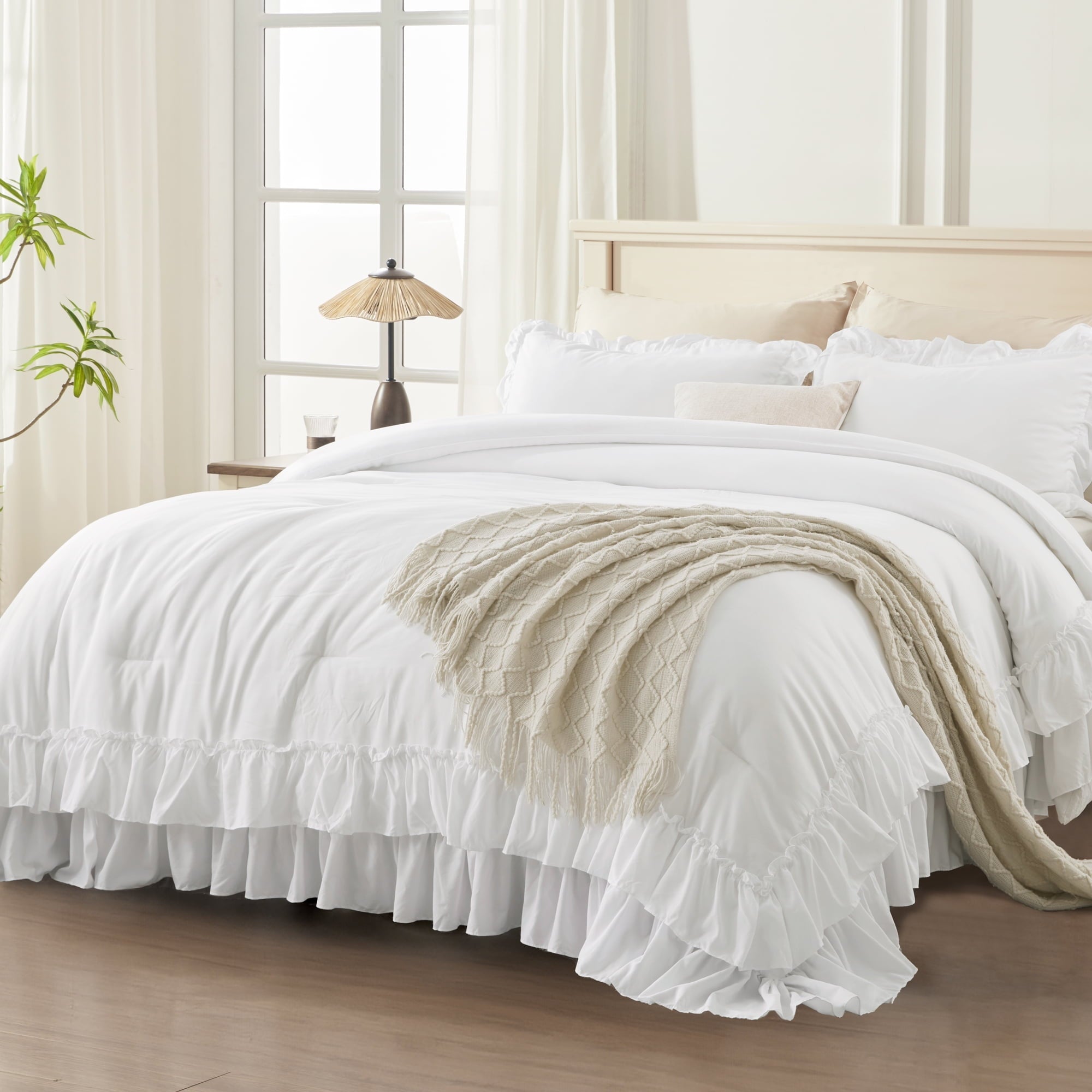 Heavyweight Warmth Queen Comforter Set White - 3 Pieces Soft Fluffy Ruffle Bedding Comforter Sets for Queen Bed, All Season Farmhouse Li... - Luxurious Quilted Duvet Cover Set - Default Title
