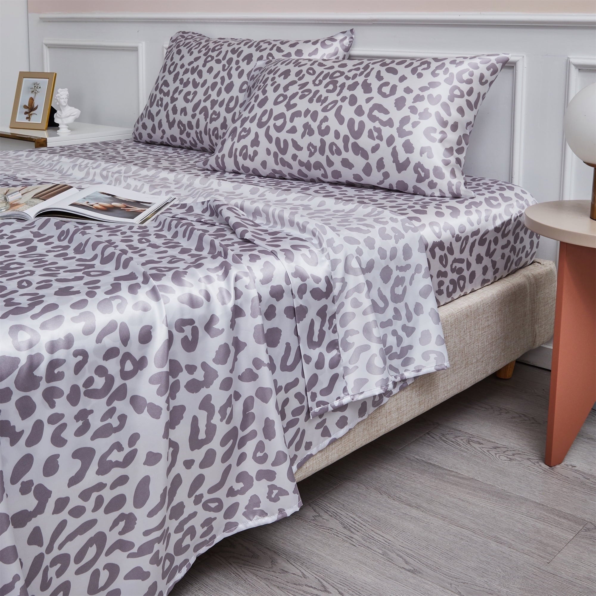 Cooling Sateen Satin Sheets Twin Silk Sheets Silver Leopard Bed Sheet Set Deep Pocket Bed Flat Fitted Sheet, 3-Pieces - Premium Ultra-Soft Pillowcase Pair for Sleeping - Default Title