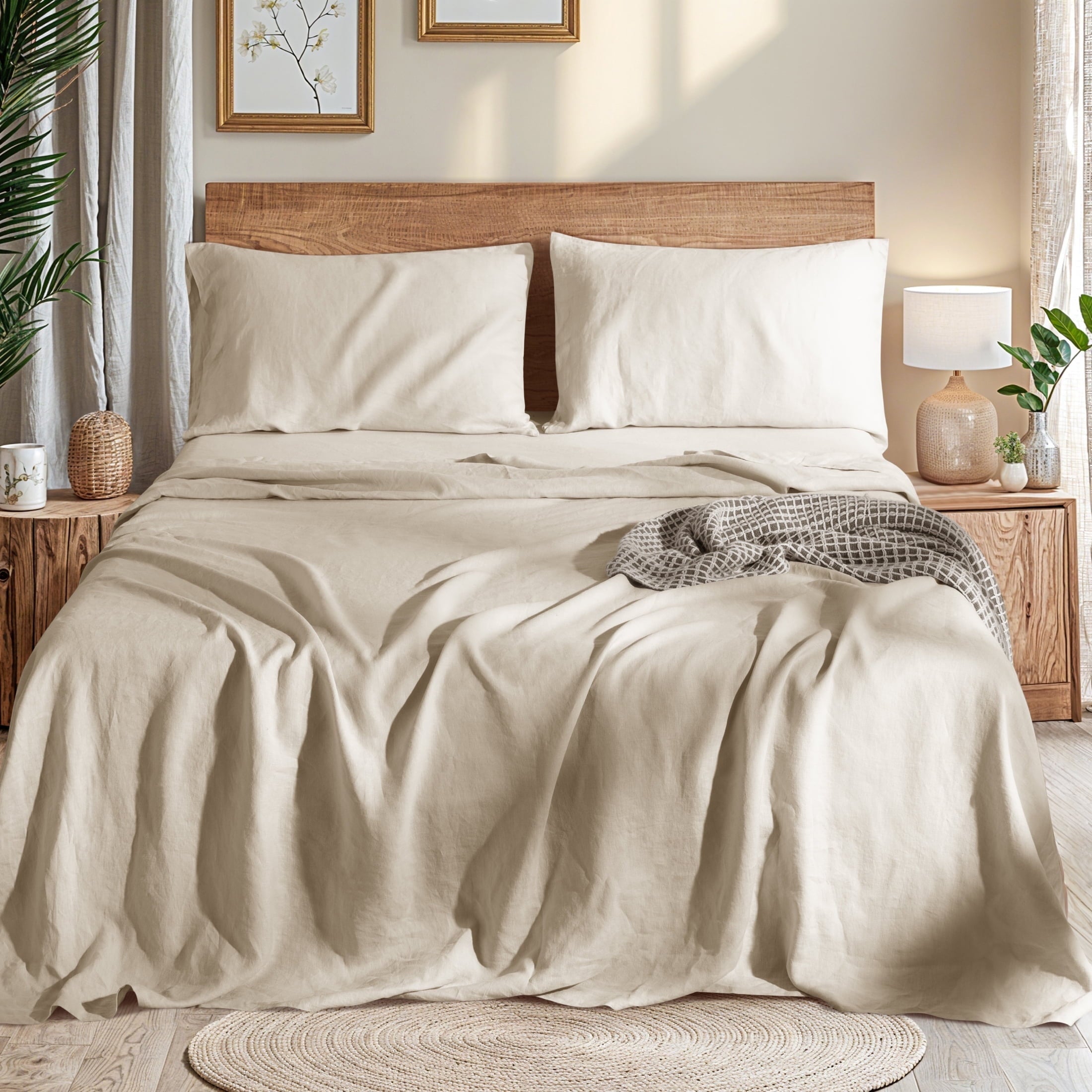 Wrinkle-Resistant Natural Linen Cotton Bed Sheets Set, Deep Pocket - Breathable - Durable - 4 Pieces (Linen, Queen) - Premium Ultra-Soft Pillowcase Pair for Sleeping - Default Title