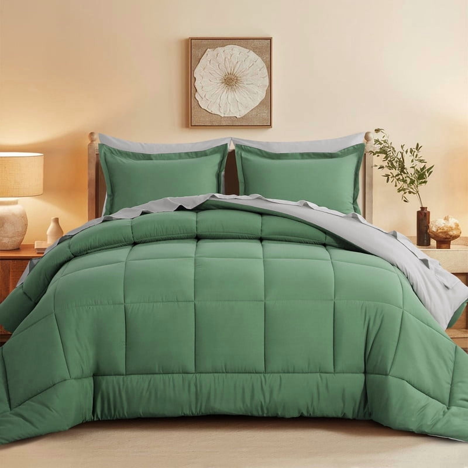 Fluffy Down Alternative Grass Green/Grey Queen Size Comforter Set,3-Pieces Reversible Comforter Set Soft and Lightweight,All Season Down Alte... - Cloud-Like Soft Lightweight Bed Comforter - Default Title