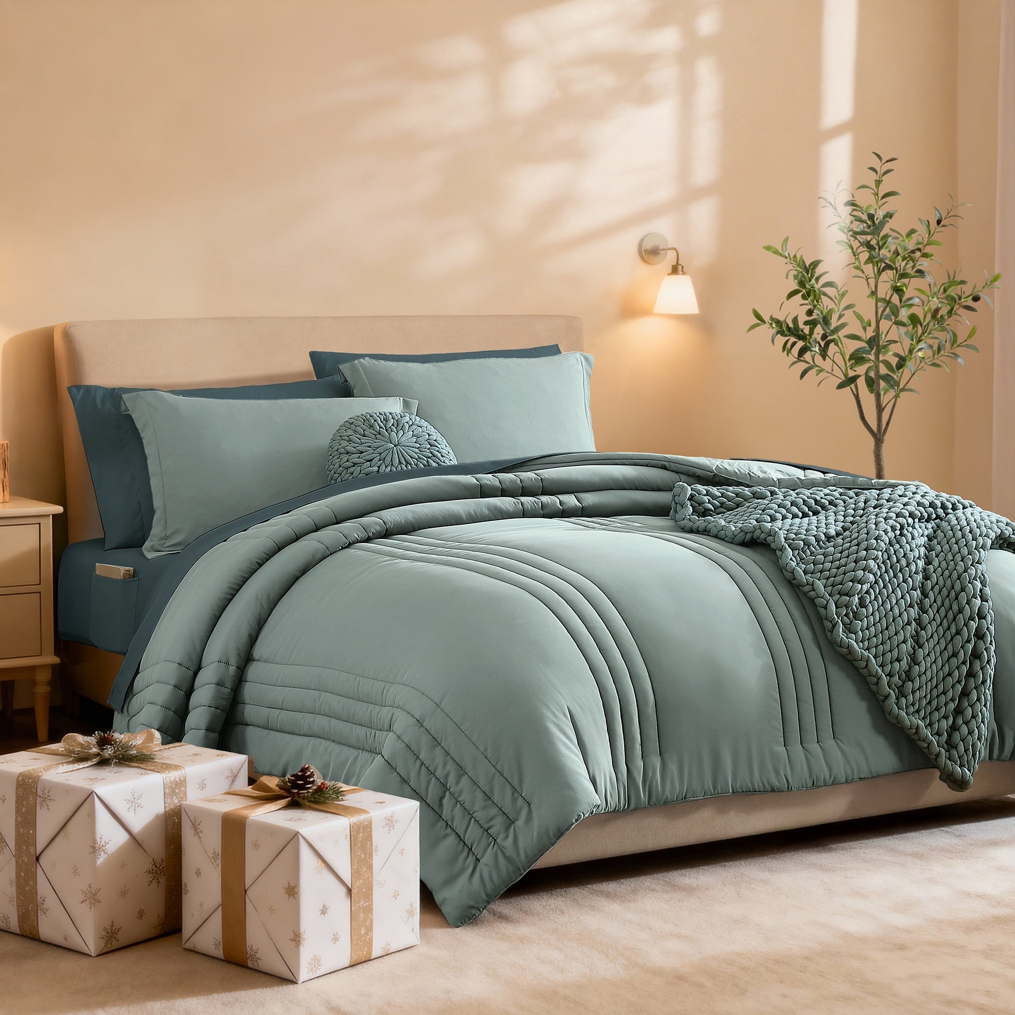 Fluffy Down Alternative 7-piece Bed in a Bag Comforter Set with Sheets,Sage Green,Full - Luxurious Quilted Duvet Cover Set - Default Title
