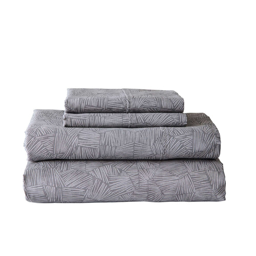 Cooling Sateen 300 Thread Count 4-Piece Cotton Percale Ziggy Geo Print Grey Bed Sheet Set, King - Cooling Hotel Quality Bedding Sheets and Pillowcases - Default Title