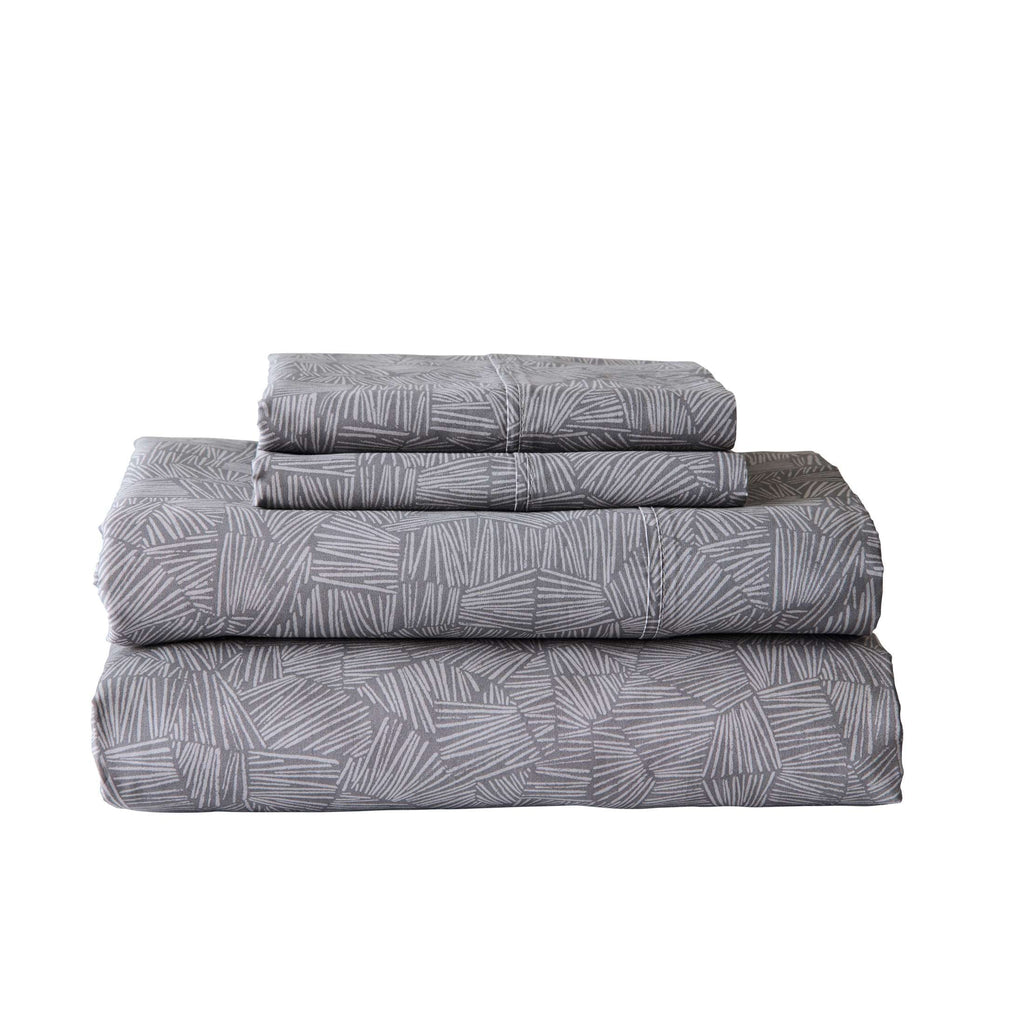 Ultra-Soft 300 Thread Count 4-Piece Cotton Percale Ziggy Geo Print Grey Flannel Bed Sheet Set, Queen - Breathable Egyptian Cotton Flat & Fitted Sheets - Default Title