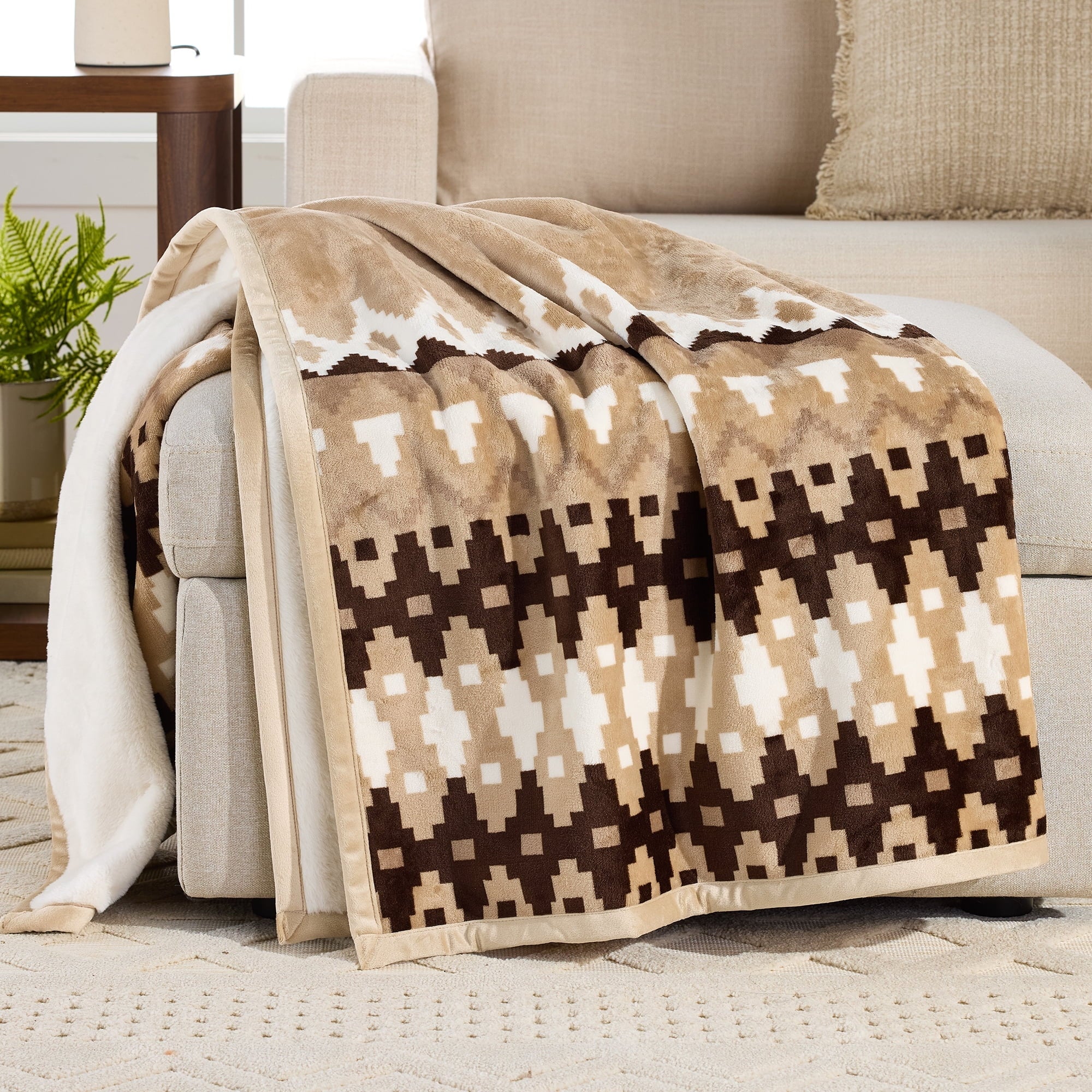Super Soft Flannel Printed Velvet Plush Reverse to Faux Fur Super Soft Throw Blanket, Oversized, Linder Border Beige - Cozy Fleece Throw Blanket for Couch & Bed - Default Title