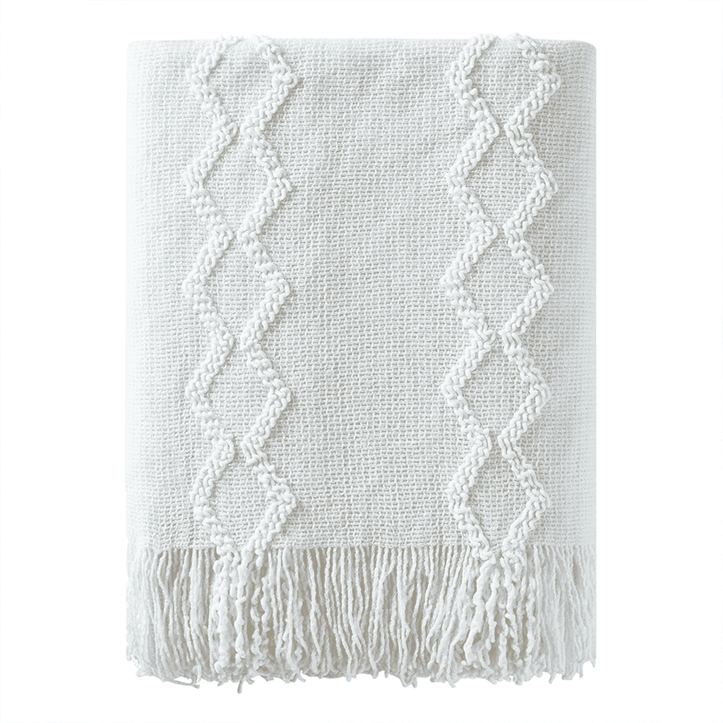 Lightweight Warm Fluffy Chenille Knitted Fringe Throw Blanket, Lightweight Soft Cozy Bed Sofa Chair Blanket, White, 50" x 60" - Luxury Knitted Decorative Throw Blanket with Fringes - Default Title