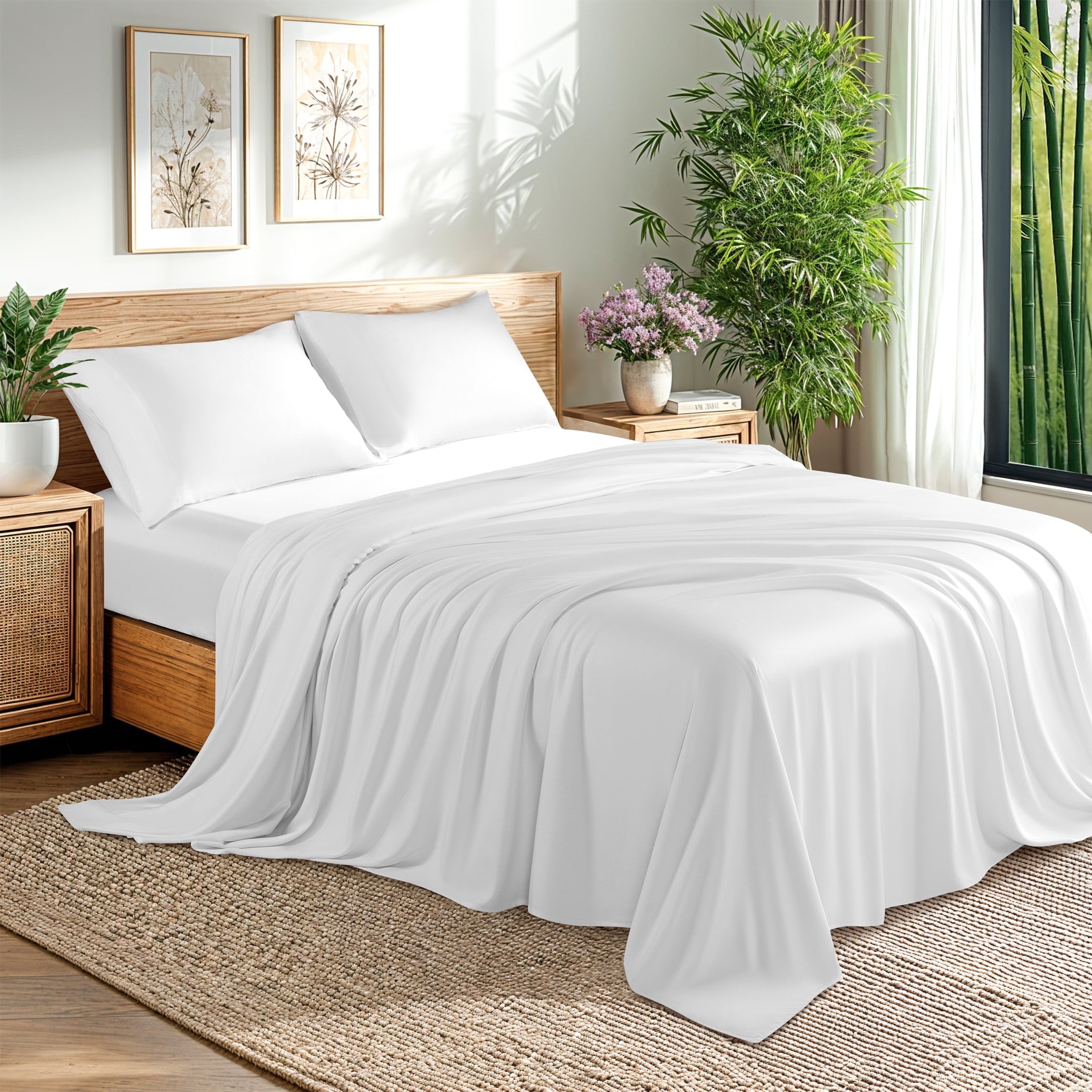 Breathable Luxury Bamboo Sheets Set, 4-Piece Queen Sheet Set with 16" Deep Pockets, Soft and Breathable Bed Sheets, White - Premium Ultra-Soft Pillowcase Pair for Sleeping - Default Title