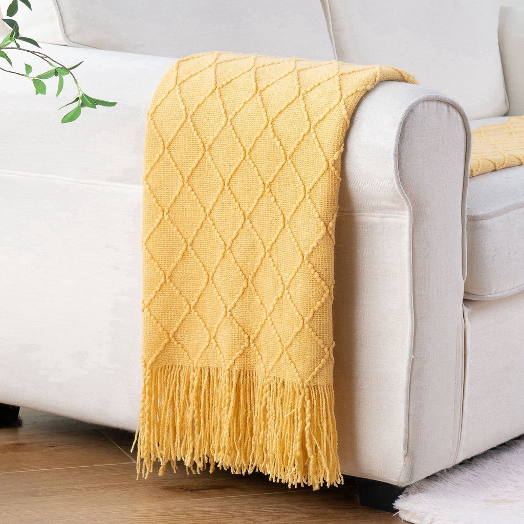 Decorative Knitted Mustard Throw Blanket for Couch,Gold Yellow Knit Throw with Fringe,Outdoor Throw ,50"x60" - Lightweight Plush Warm Blanket for All Seasons - Default Title