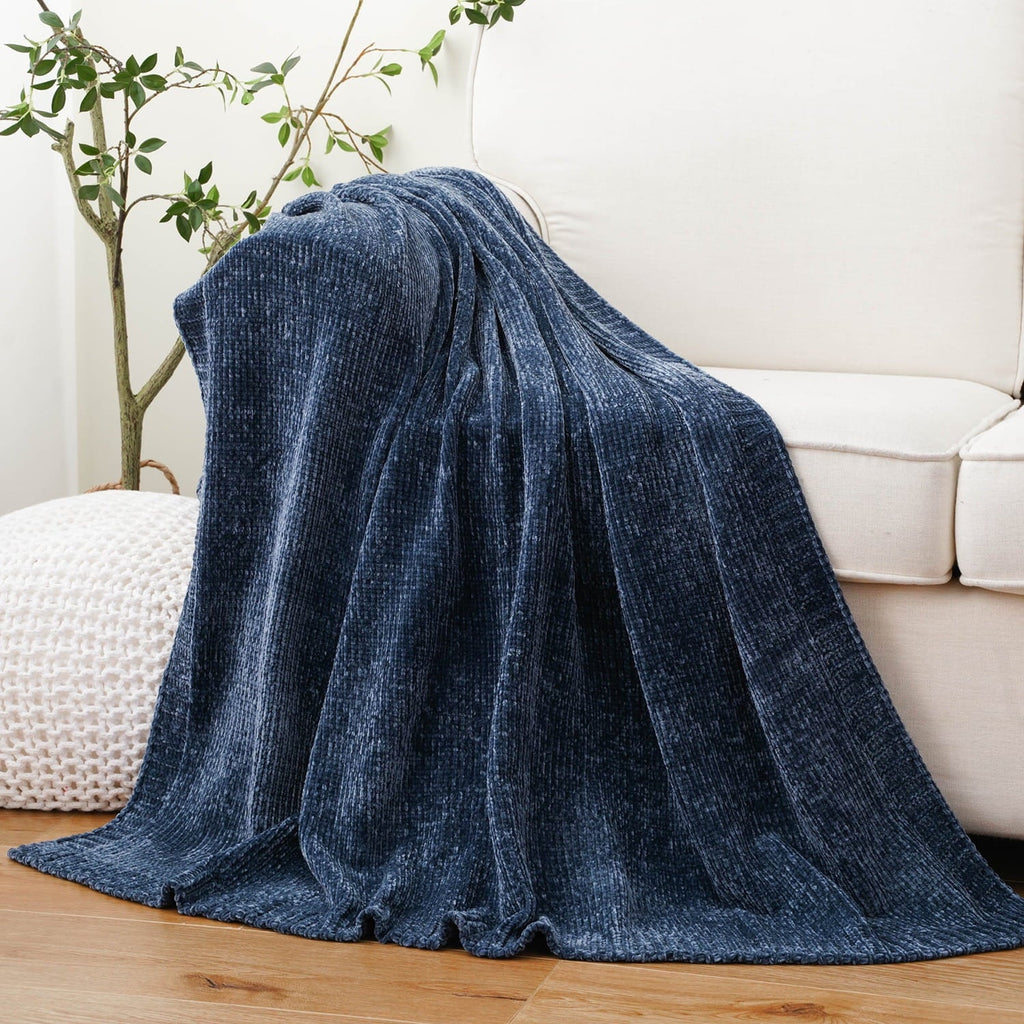 Reversible Sherpa Navy Blue Chenille Throw for Couch Bed,Soft Navy Knit Blanket, Housewarming Gifts, 51"x 67" - Lightweight Plush Warm Blanket for All Seasons - Default Title