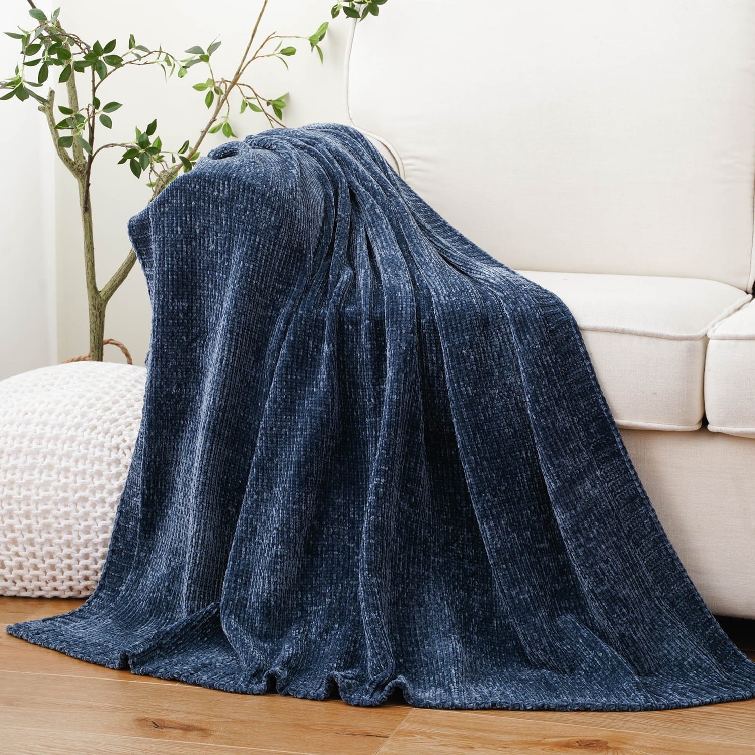 Reversible Sherpa Navy Blue Chenille Throw for Couch Bed,Soft Navy Knit Blanket, Housewarming Gifts, 51"x 67" - Lightweight Plush Warm Blanket for All Seasons - Default Title