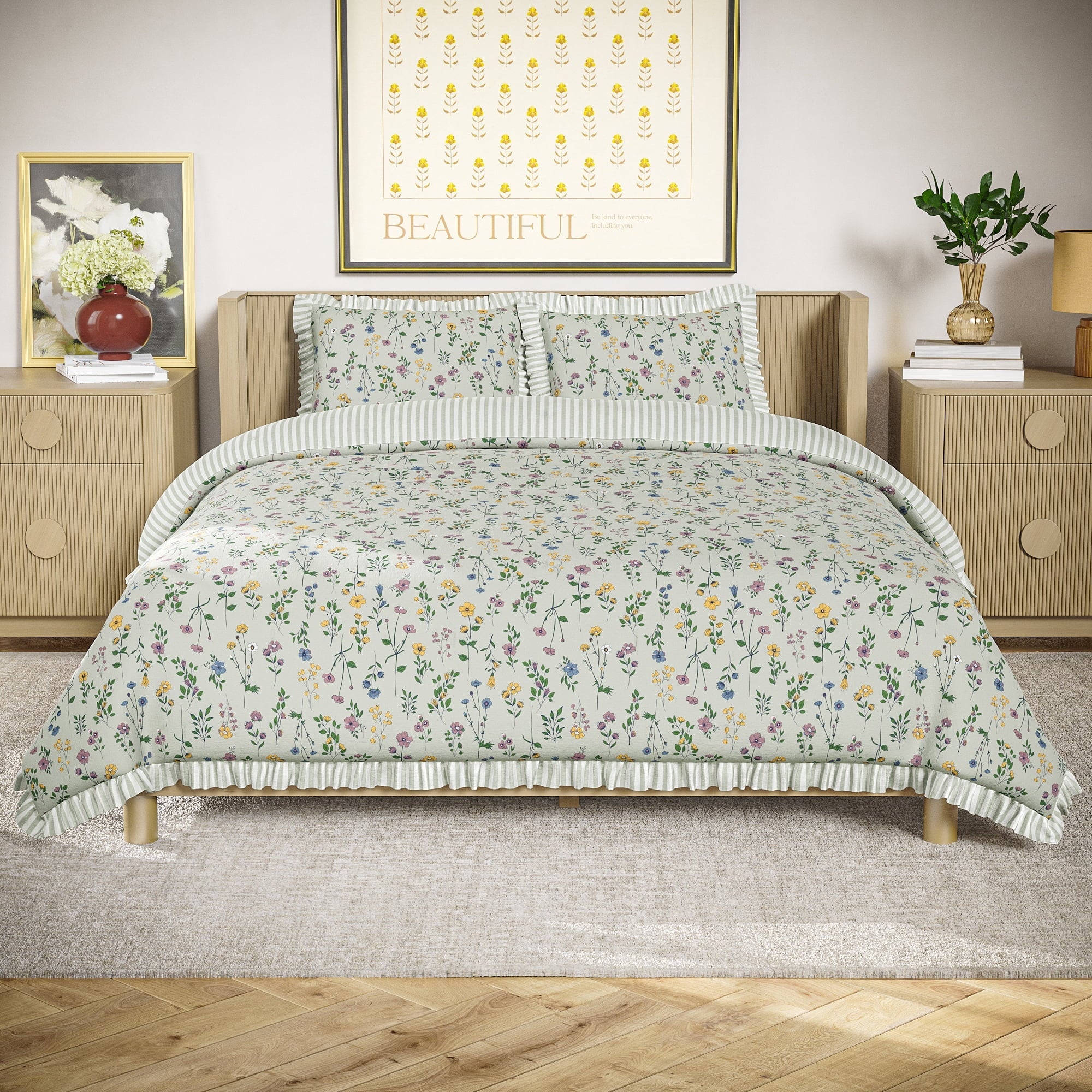 Fluffy Down Alternative 100% Cotton Botanical 3-Piece Sage Green Comforter Set, Full/Queen - Hypoallergenic Ultra-Fluffy Quilt for Winter - Default Title